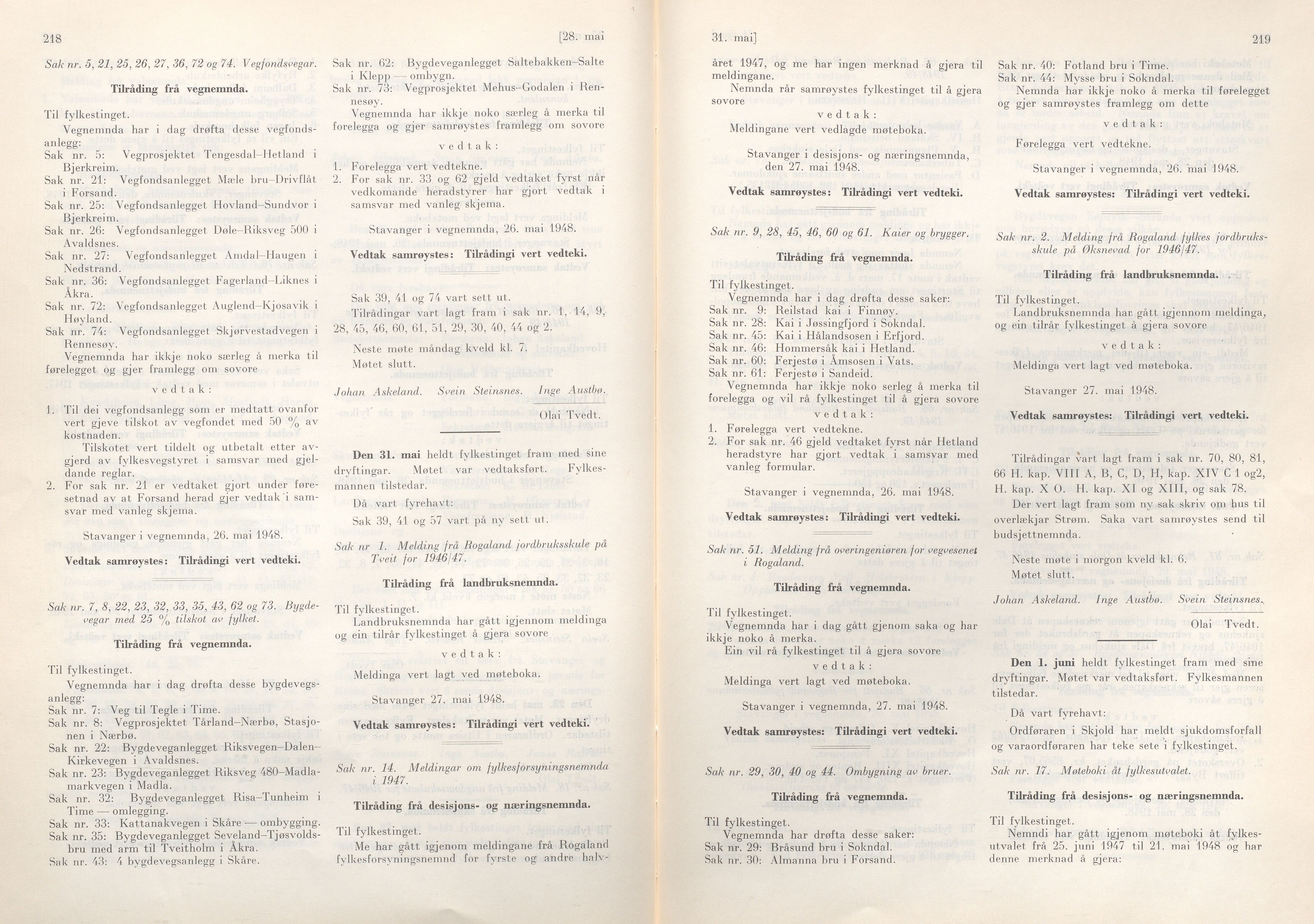 Rogaland fylkeskommune - Fylkesrådmannen , IKAR/A-900/A/Aa/Aaa/L0067: Møtebok , 1948, p. 218-219