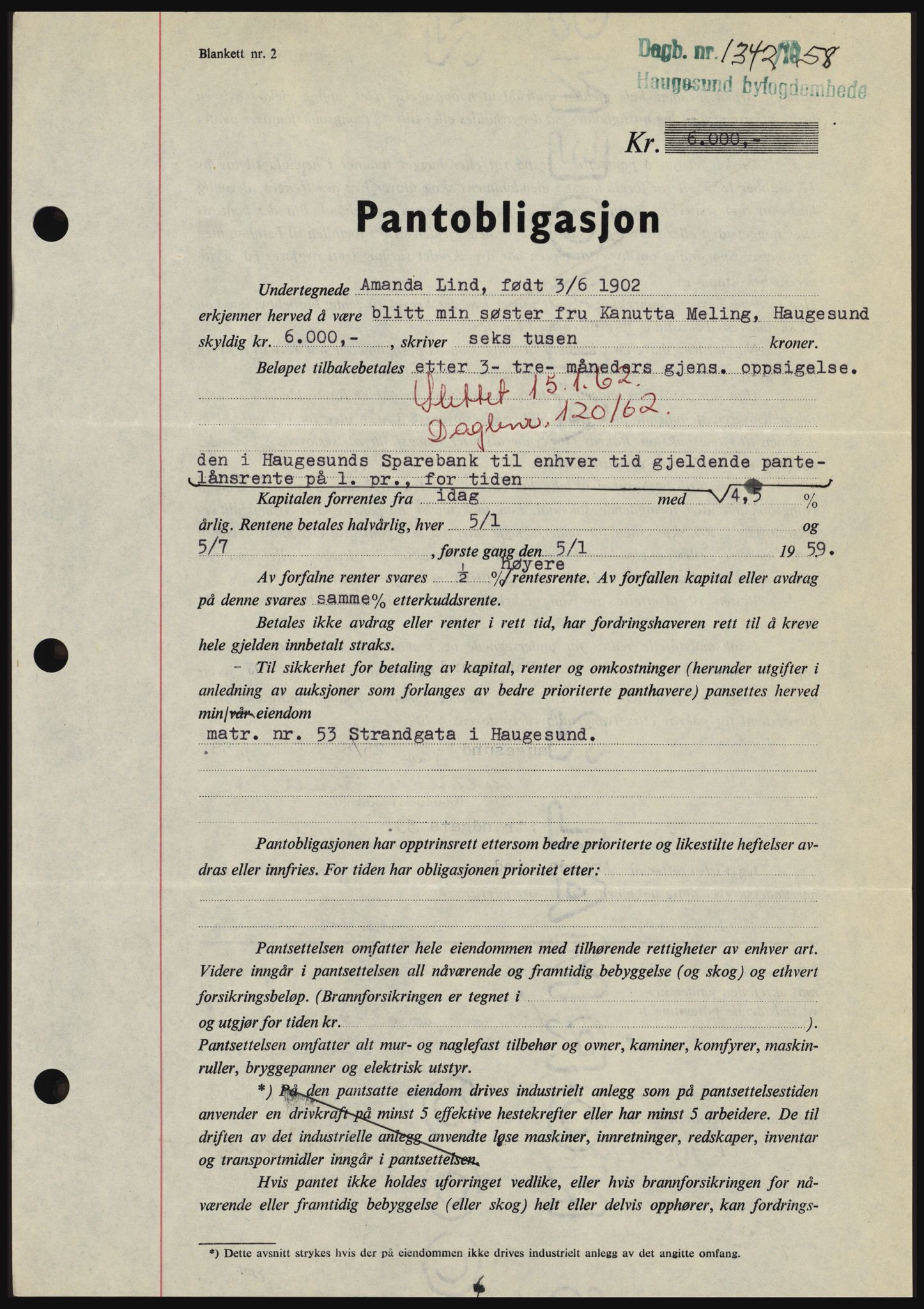 Haugesund tingrett, SAST/A-101415/01/II/IIC/L0044: Mortgage book no. B 44, 1958-1959, Diary no: : 1342/1958