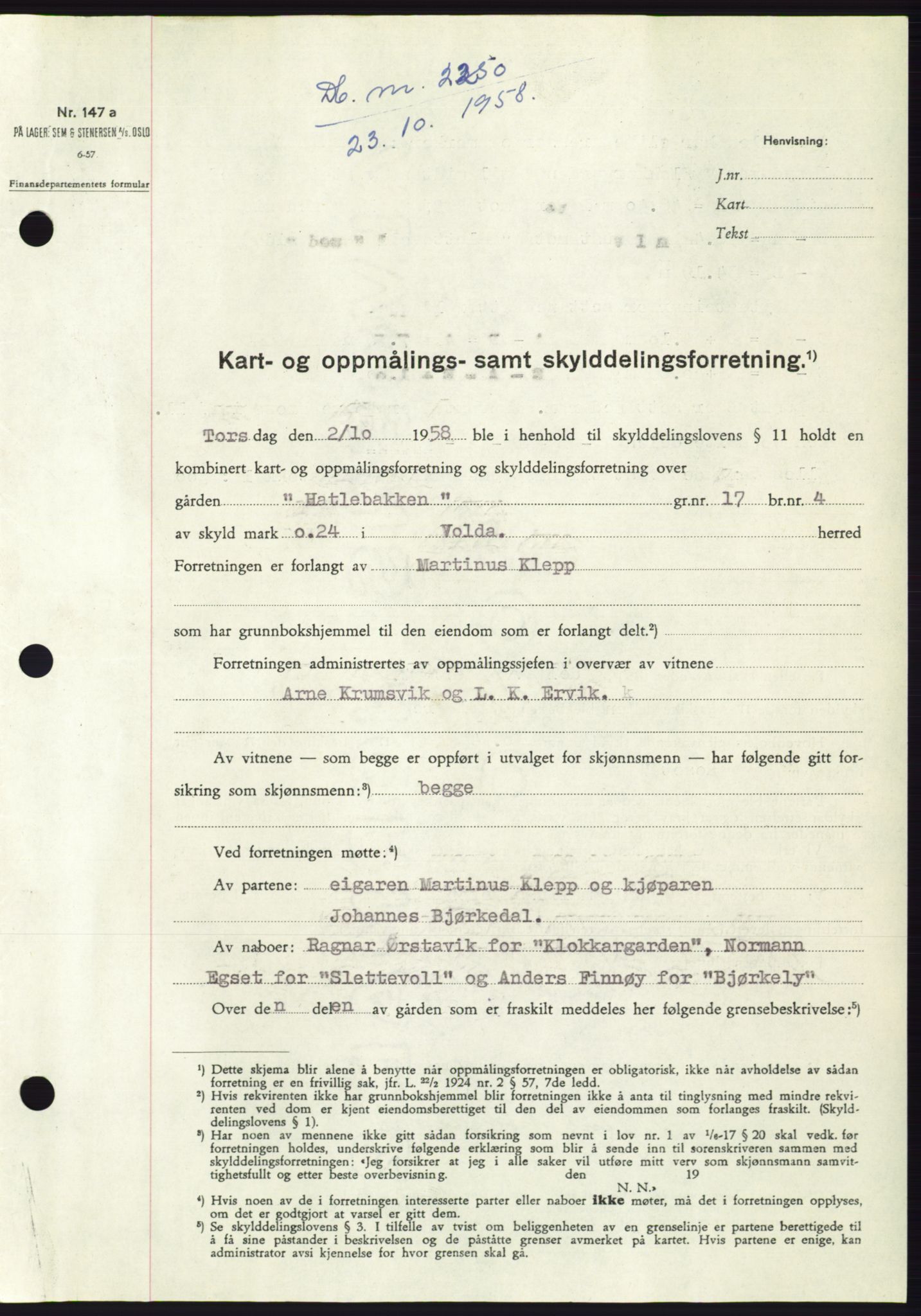 Søre Sunnmøre sorenskriveri, AV/SAT-A-4122/1/2/2C/L0110: Mortgage book no. 36A, 1958-1958, Diary no: : 2250/1958