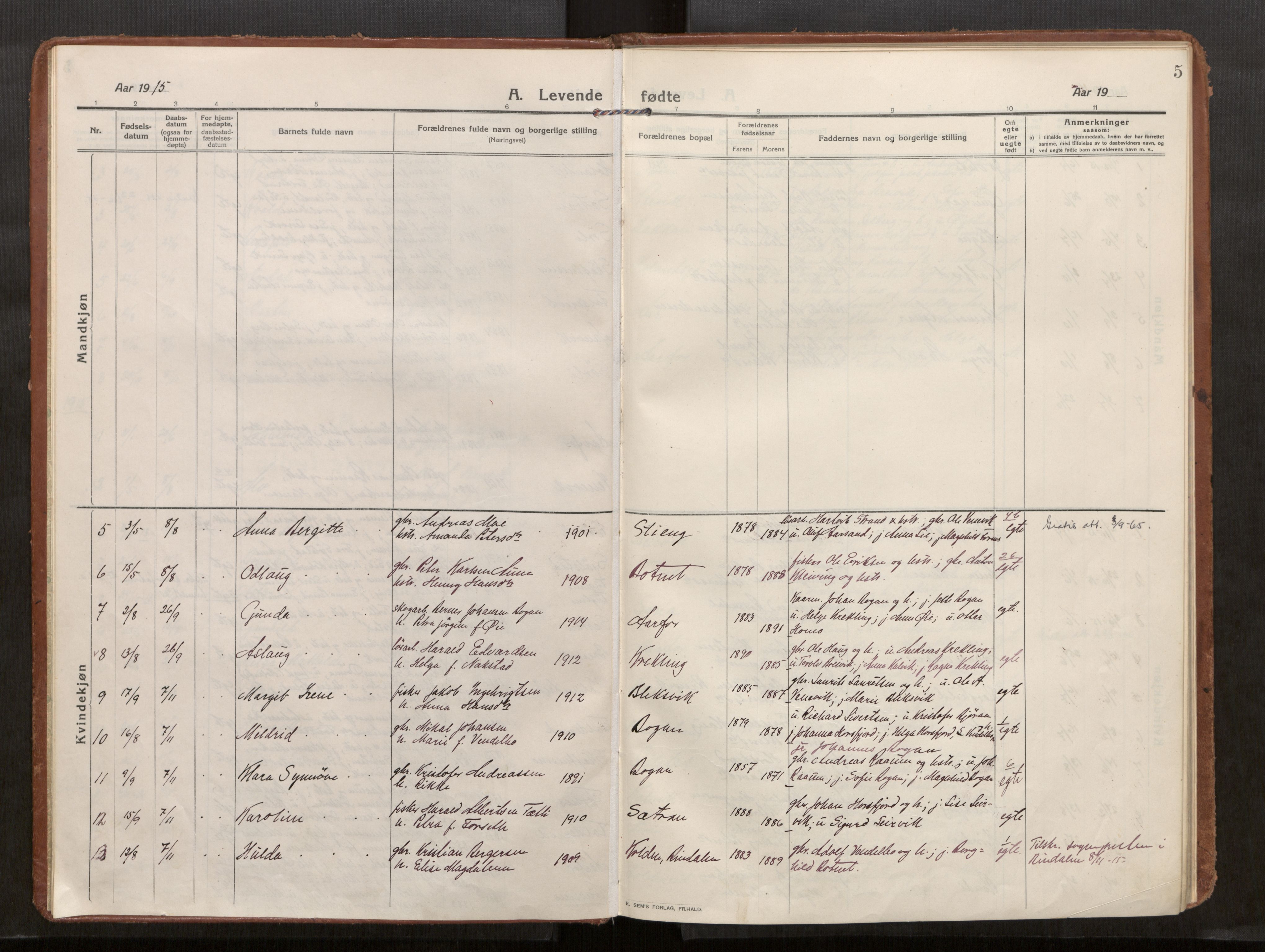 Kolvereid sokneprestkontor, SAT/A-1171/H/Ha/Haa/L0002: Parish register (official) no. 2, 1914-1926, p. 5