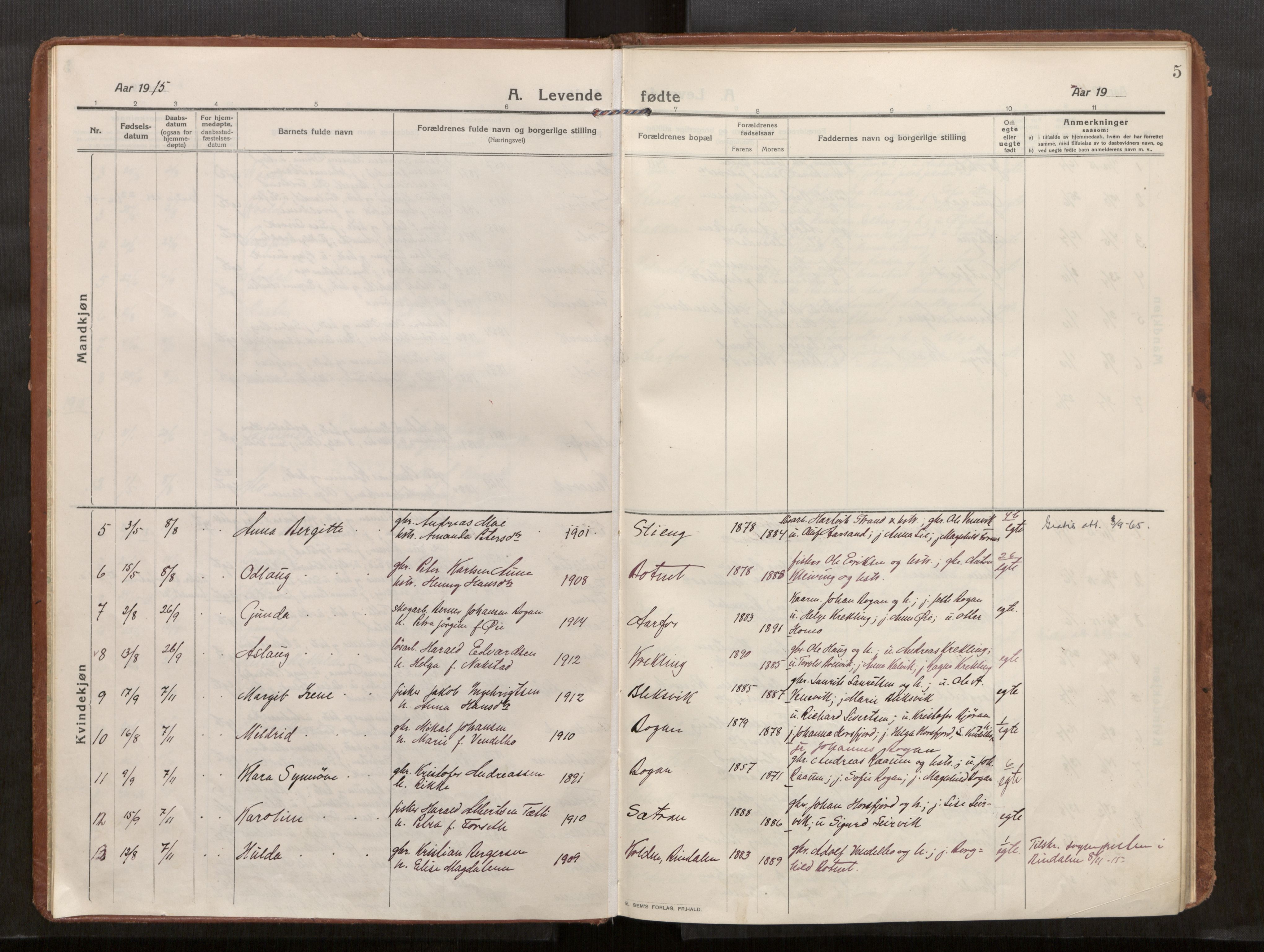 Kolvereid sokneprestkontor, AV/SAT-A-1171/H/Ha/Haa/L0002: Parish register (official) no. 2, 1914-1926, p. 5