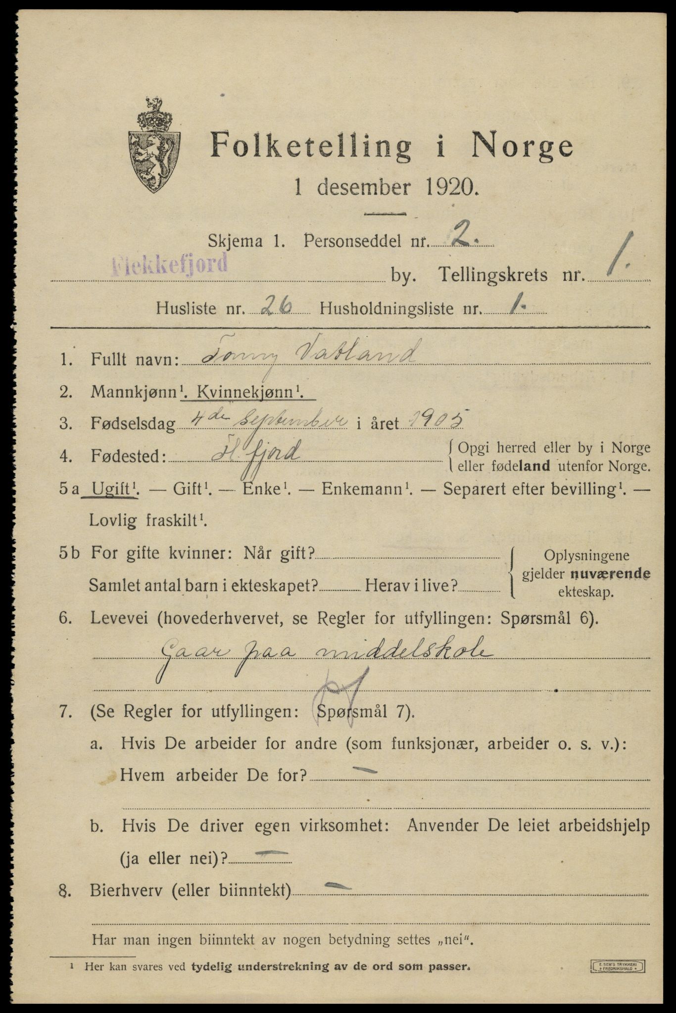 SAK, 1920 census for Flekkefjord, 1920, p. 2098
