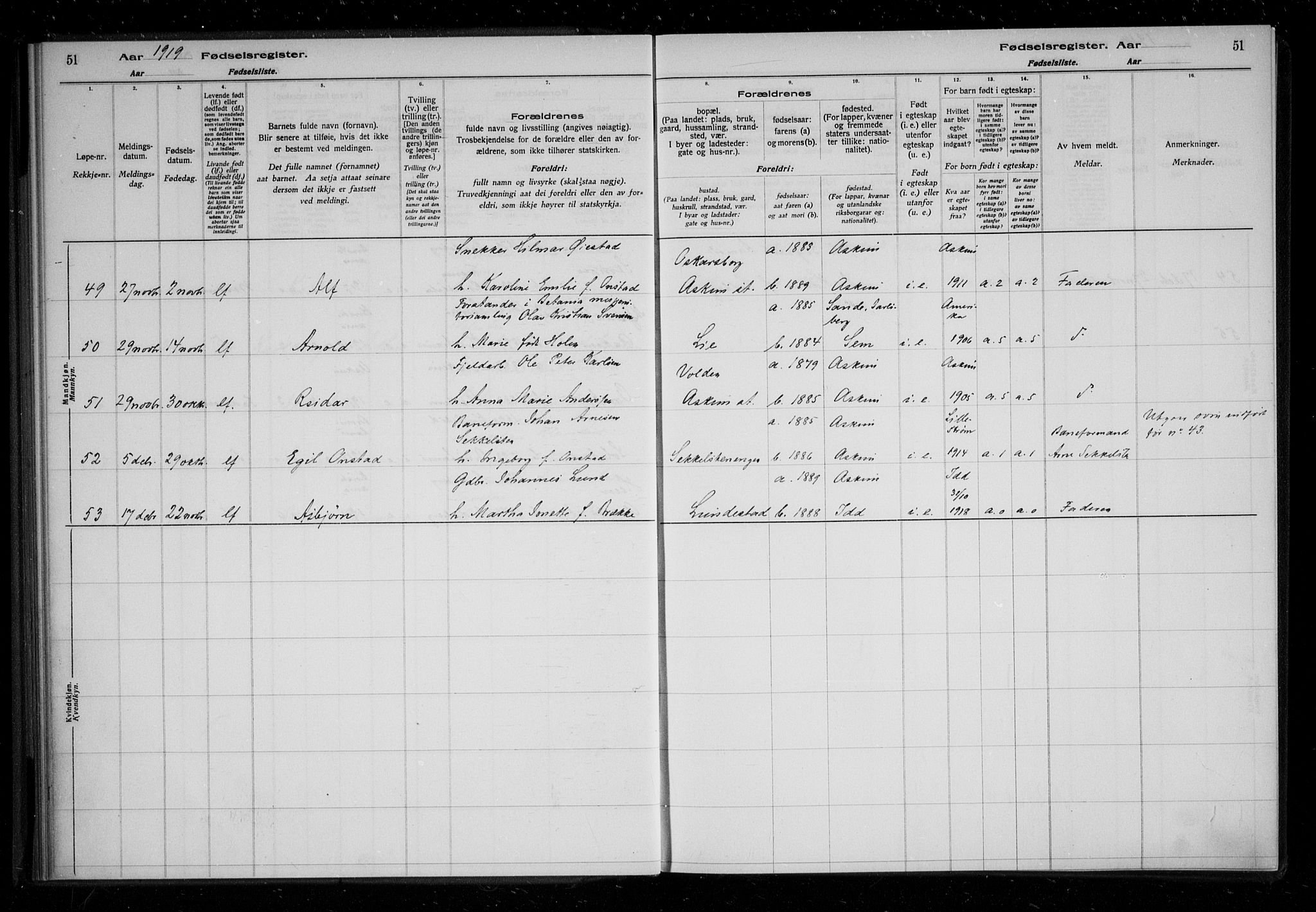 Askim prestekontor Kirkebøker, SAO/A-10900/J/Ja/L0001: Birth register no. 1, 1916-1929, p. 51