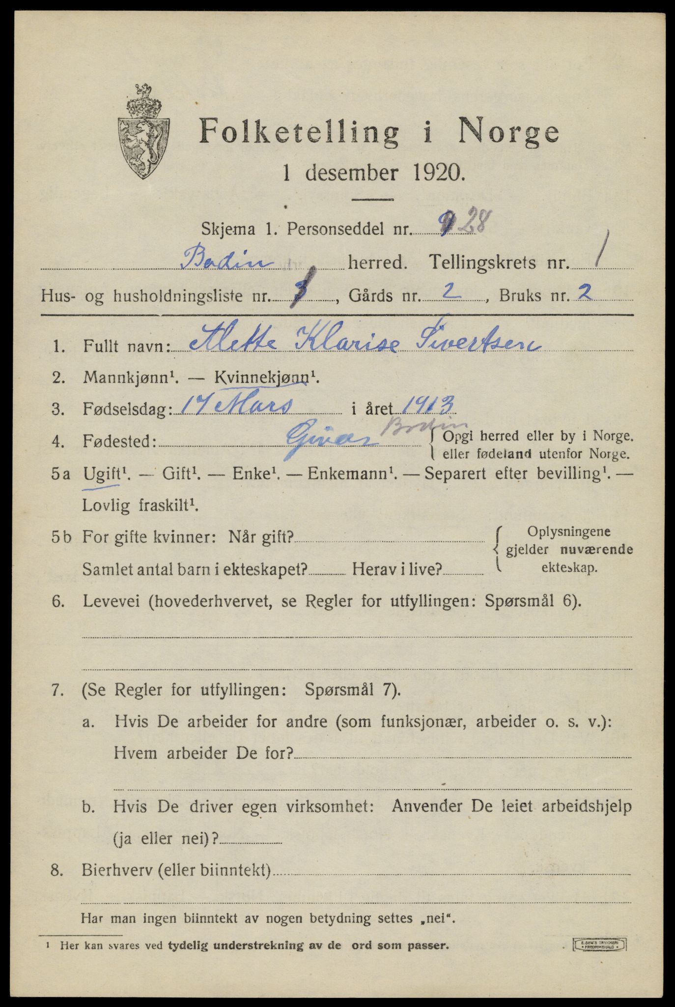 SAT, 1920 census for Bodin, 1920, p. 1922