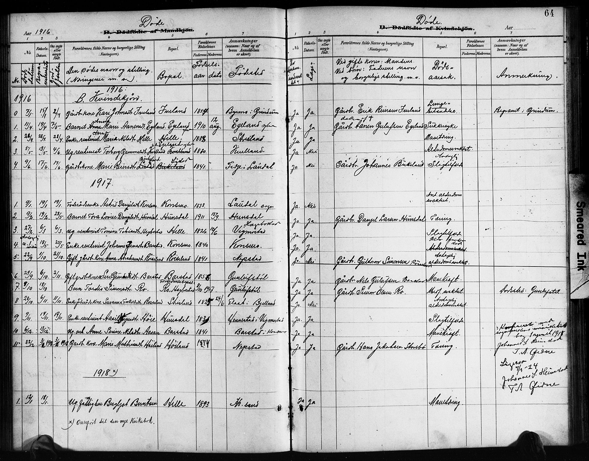 Nord-Audnedal sokneprestkontor, SAK/1111-0032/F/Fb/Fba/L0004: Parish register (copy) no. B 4, 1901-1917, p. 64
