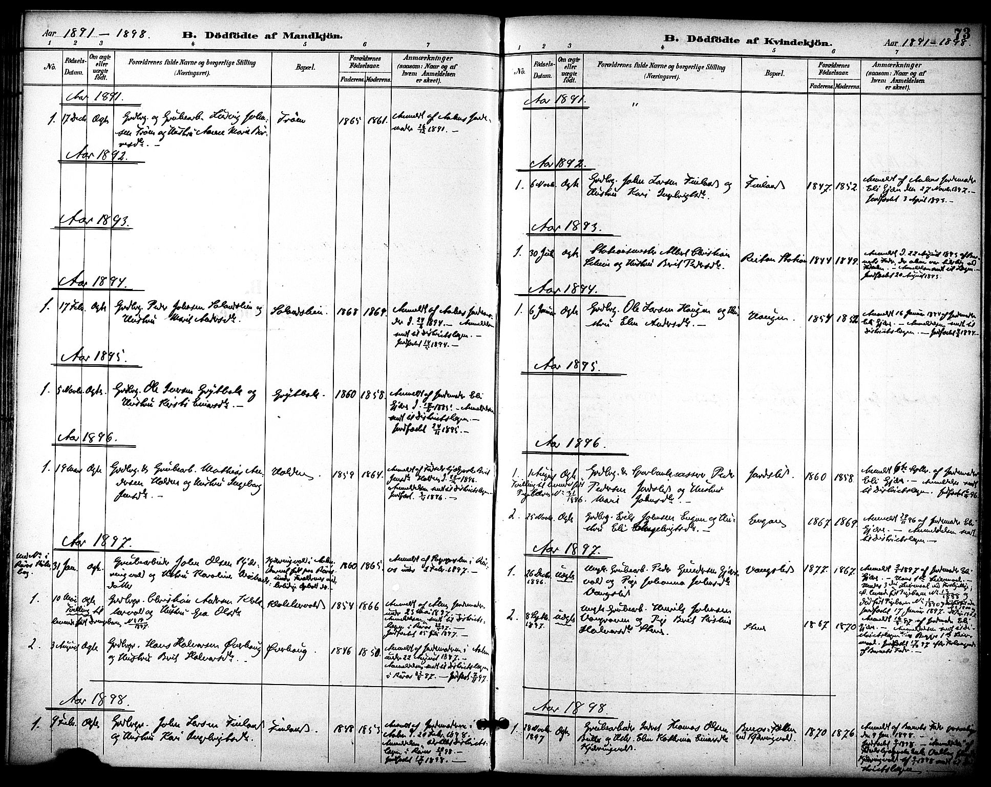 Ministerialprotokoller, klokkerbøker og fødselsregistre - Sør-Trøndelag, SAT/A-1456/686/L0984: Parish register (official) no. 686A02, 1891-1906, p. 73