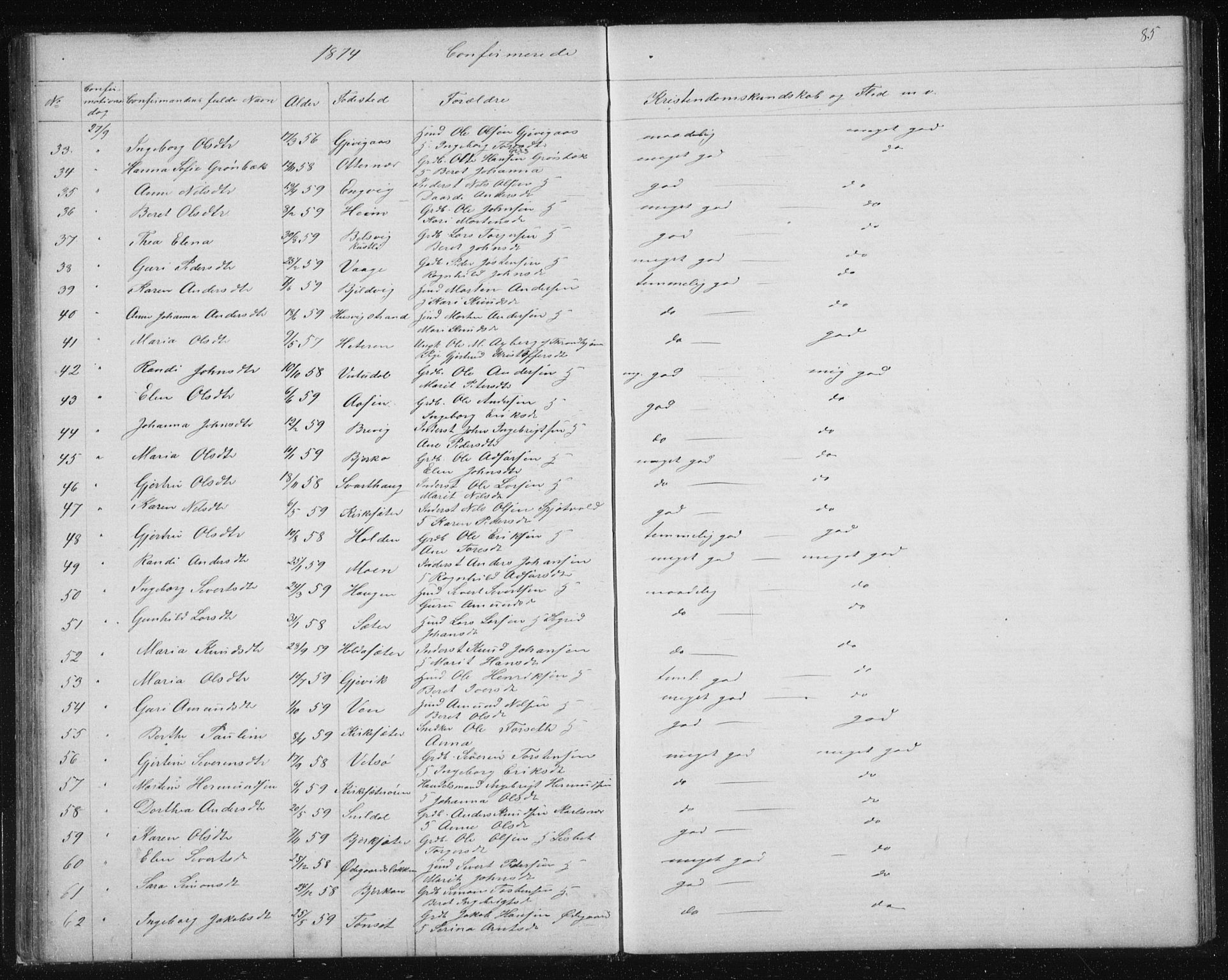 Ministerialprotokoller, klokkerbøker og fødselsregistre - Sør-Trøndelag, SAT/A-1456/630/L0503: Parish register (copy) no. 630C01, 1869-1878, p. 85