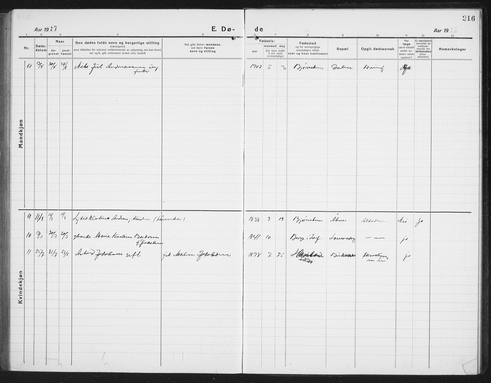 Ministerialprotokoller, klokkerbøker og fødselsregistre - Nordland, AV/SAT-A-1459/898/L1428: Parish register (copy) no. 898C03, 1918-1938, p. 216