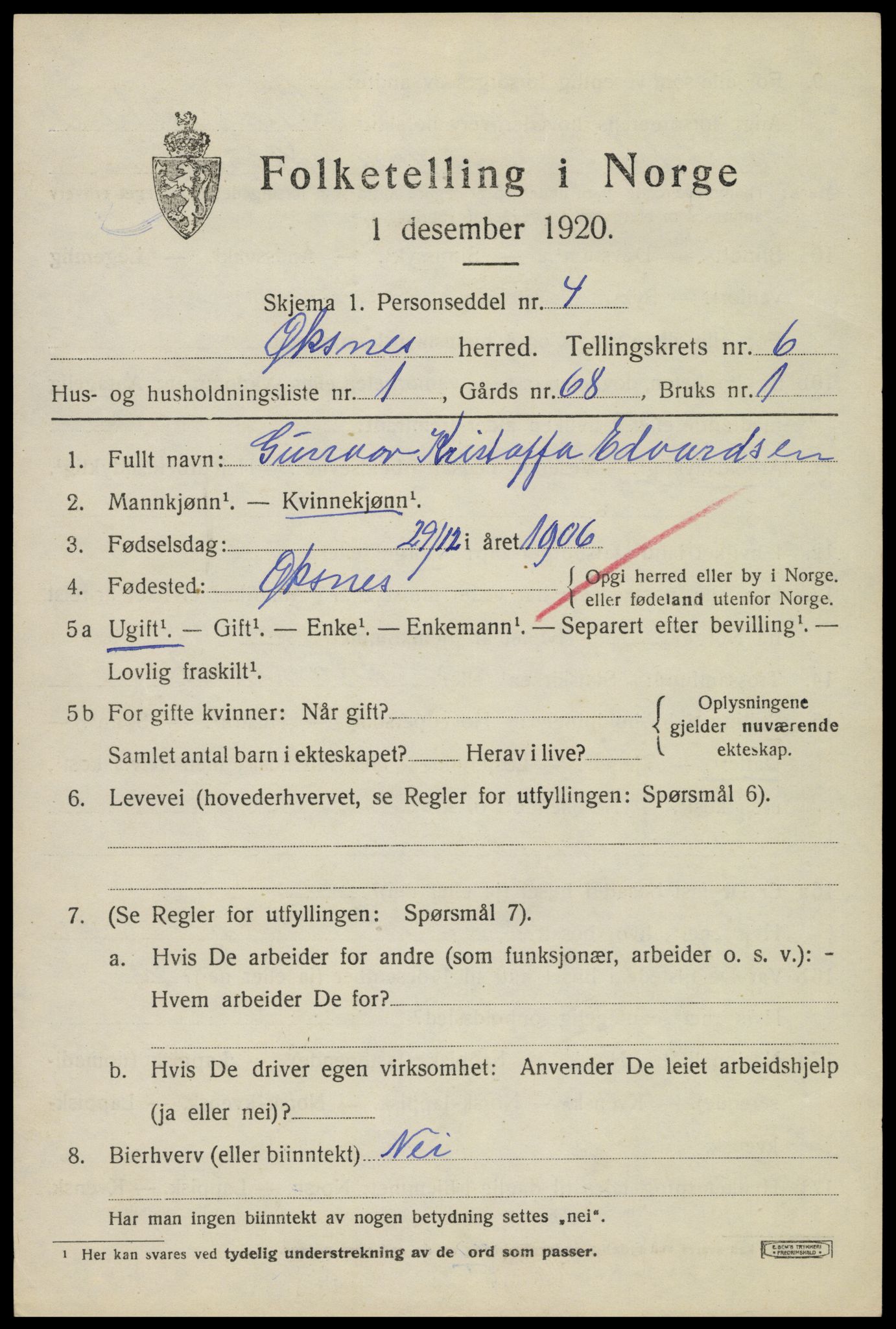 SAT, 1920 census for Øksnes, 1920, p. 4848