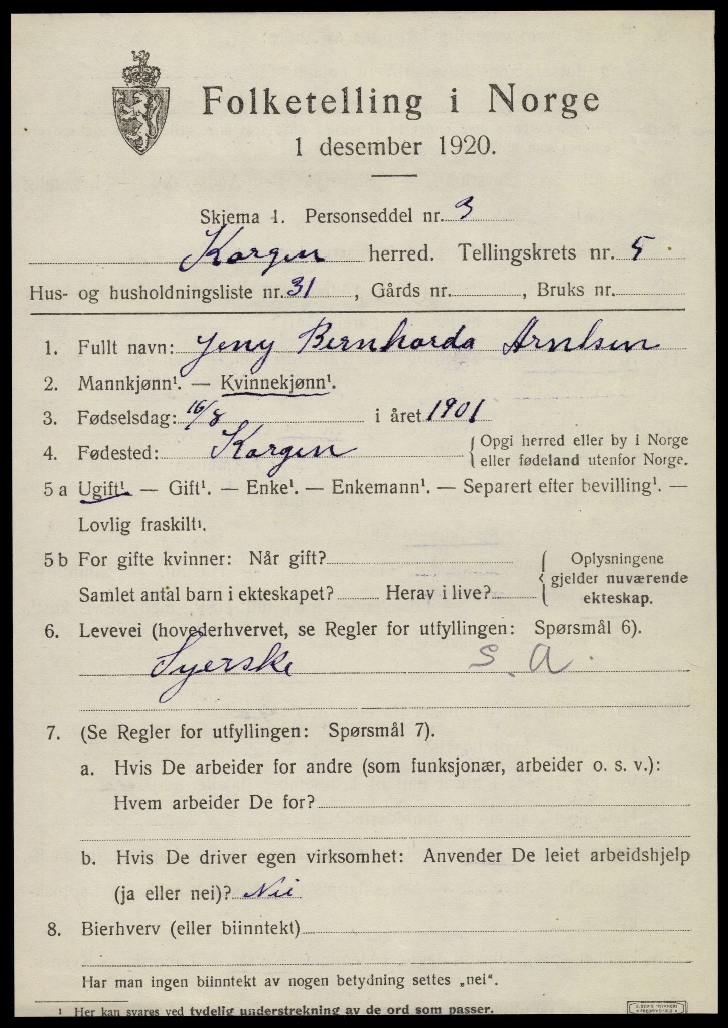 SAT, 1920 census for Korgen, 1920, p. 2392