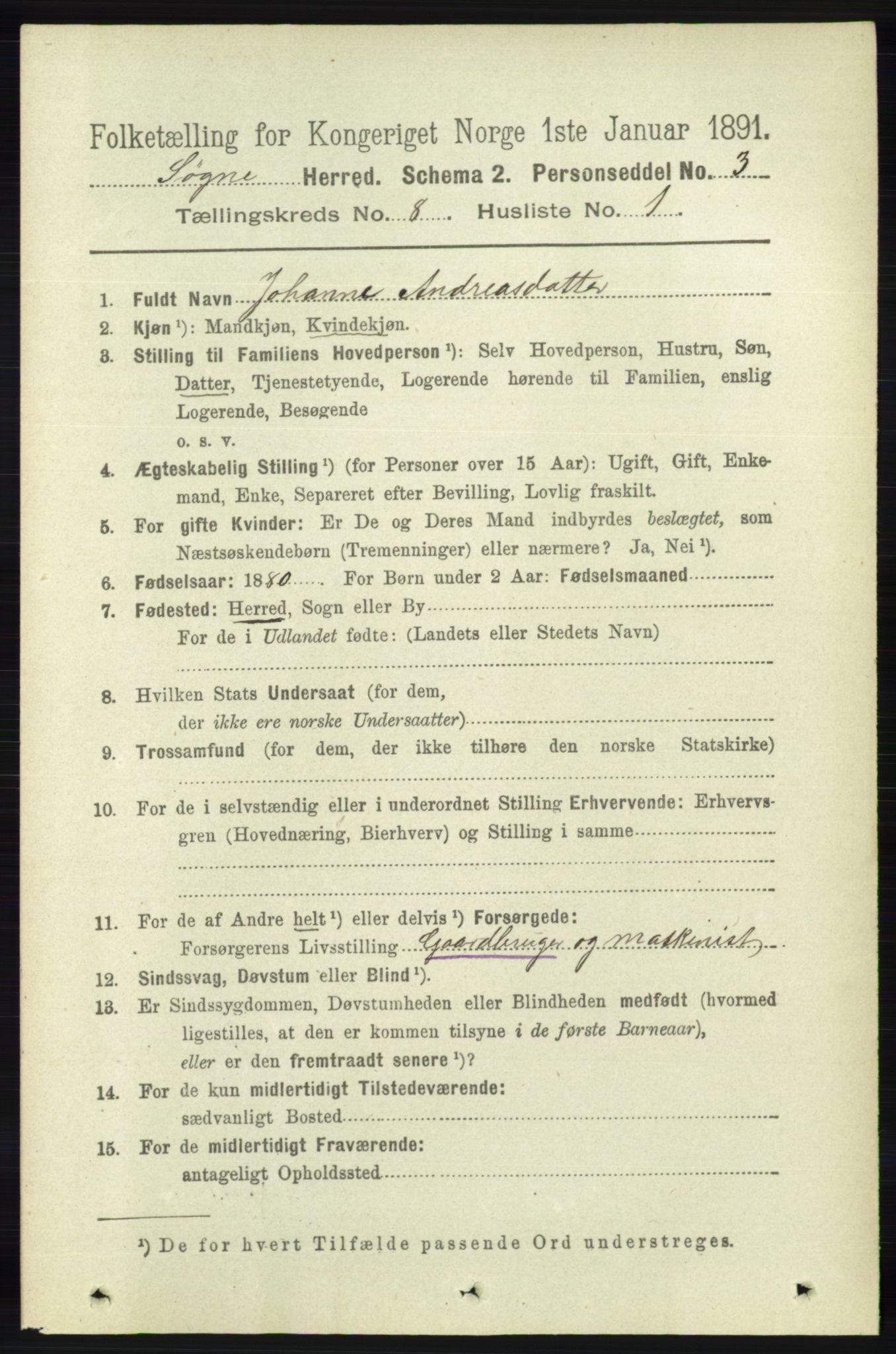 RA, 1891 census for 1018 Søgne, 1891, p. 2213