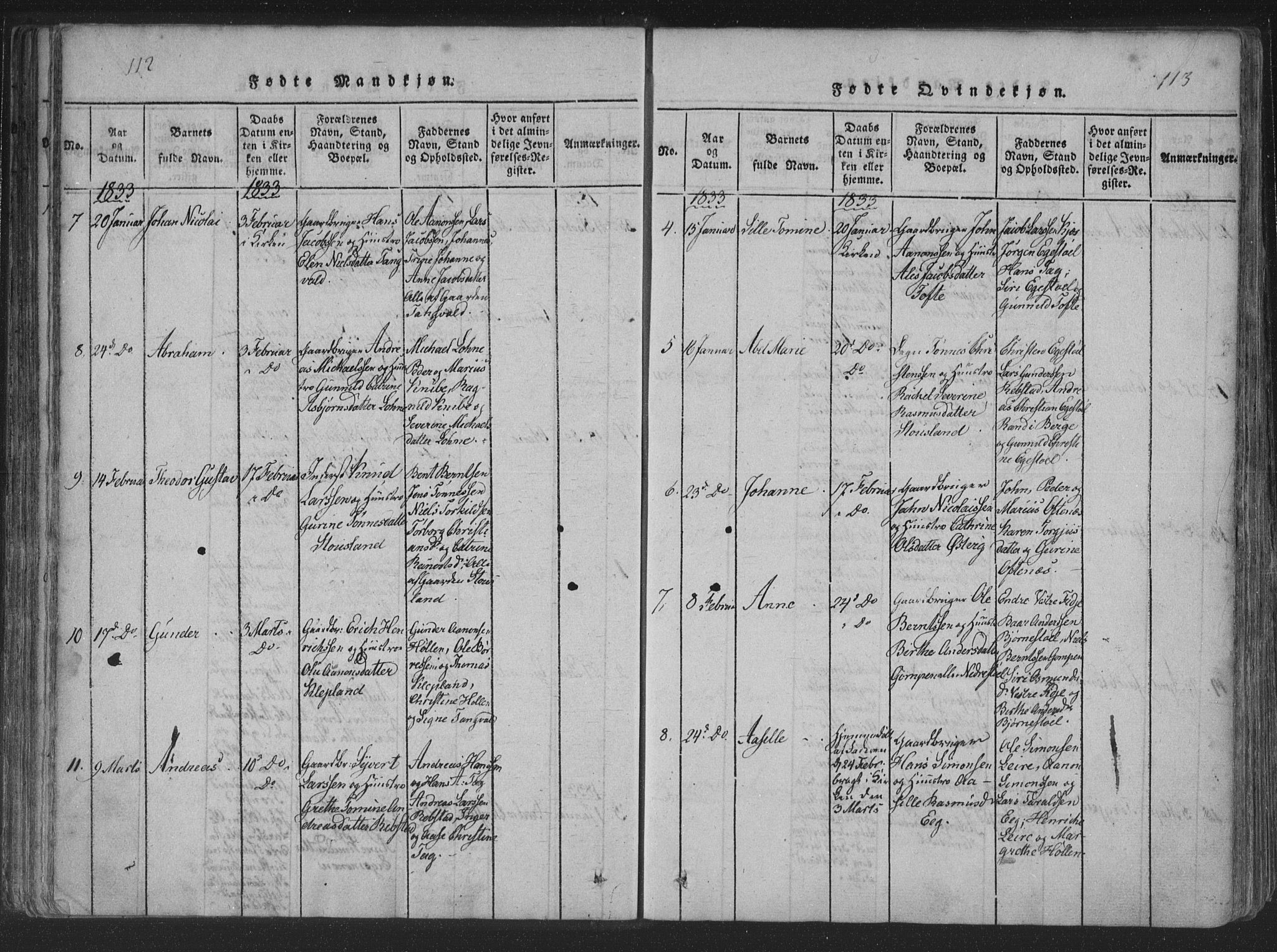 Søgne sokneprestkontor, SAK/1111-0037/F/Fa/Fab/L0008: Parish register (official) no. A 8, 1821-1838, p. 112-113