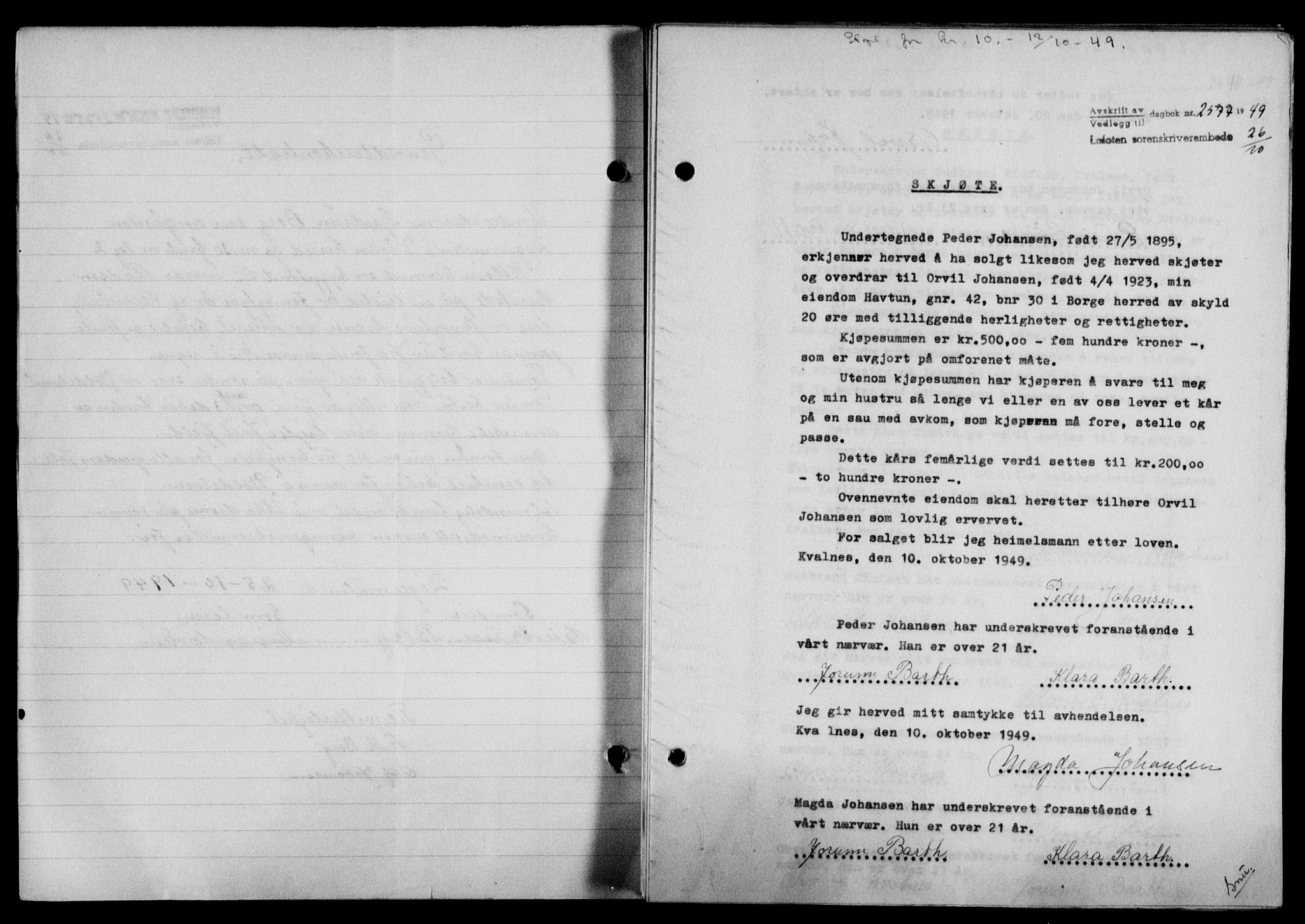 Lofoten sorenskriveri, SAT/A-0017/1/2/2C/L0022a: Mortgage book no. 22a, 1949-1950, Diary no: : 2577/1949