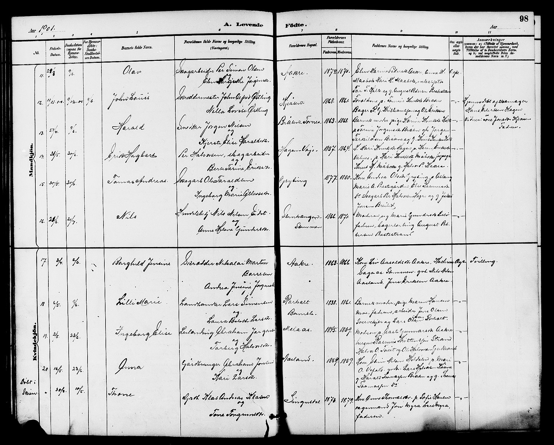 Drangedal kirkebøker, AV/SAKO-A-258/G/Ga/L0003: Parish register (copy) no. I 3, 1887-1906, p. 98