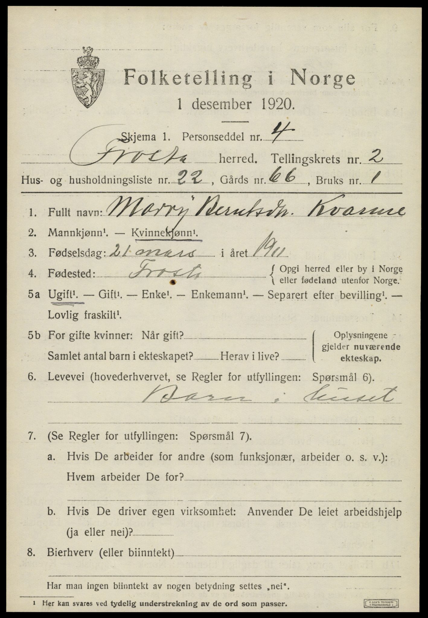 SAT, 1920 census for Frosta, 1920, p. 2612