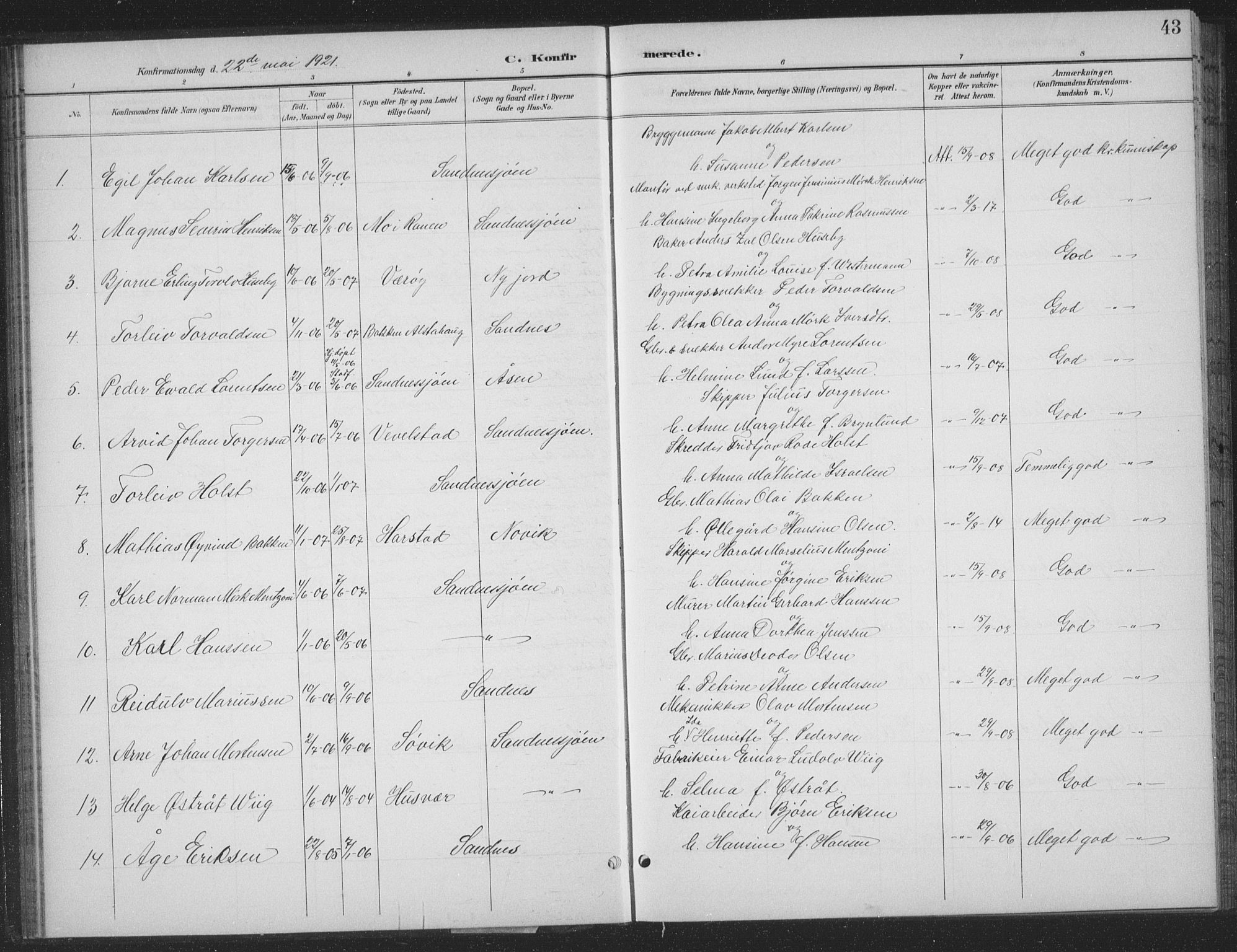 Ministerialprotokoller, klokkerbøker og fødselsregistre - Nordland, AV/SAT-A-1459/831/L0479: Parish register (copy) no. 831C06, 1897-1936, p. 43