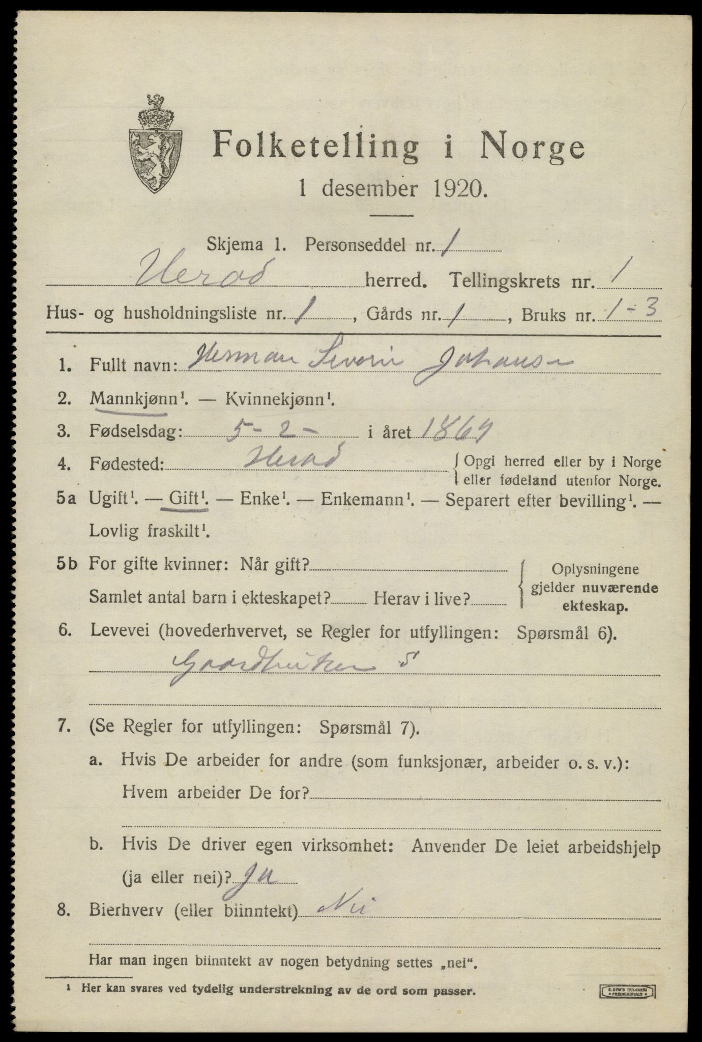 SAK, 1920 census for Herad, 1920, p. 426