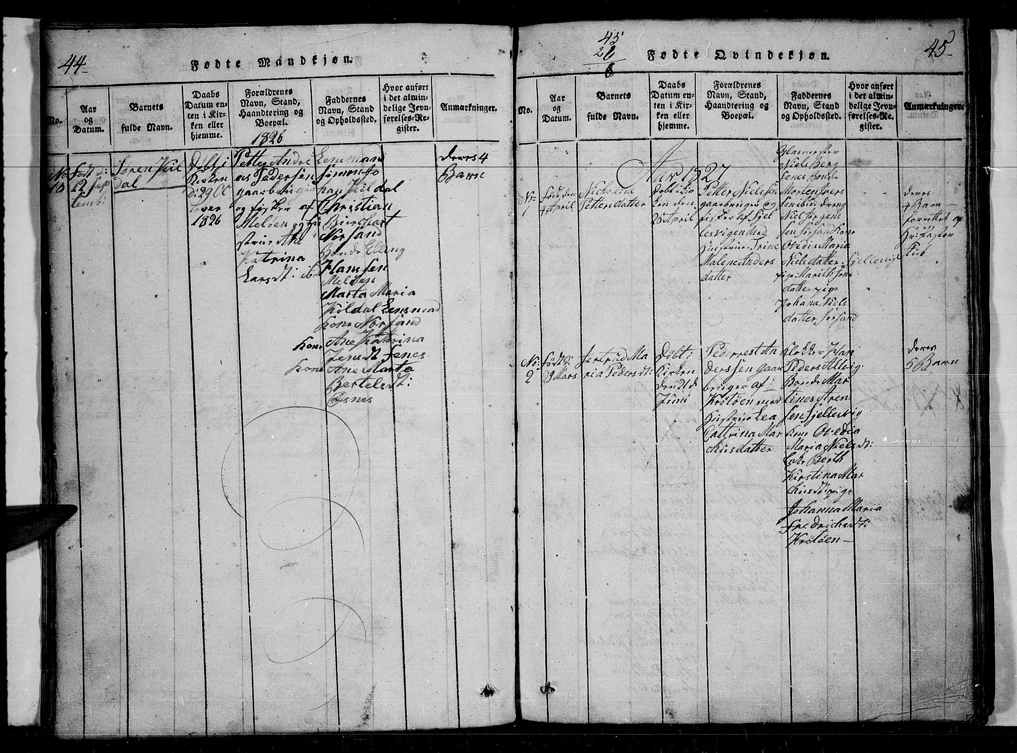 Trondenes sokneprestkontor, SATØ/S-1319/H/Hb/L0004klokker: Parish register (copy) no. 4, 1821-1839, p. 44-45