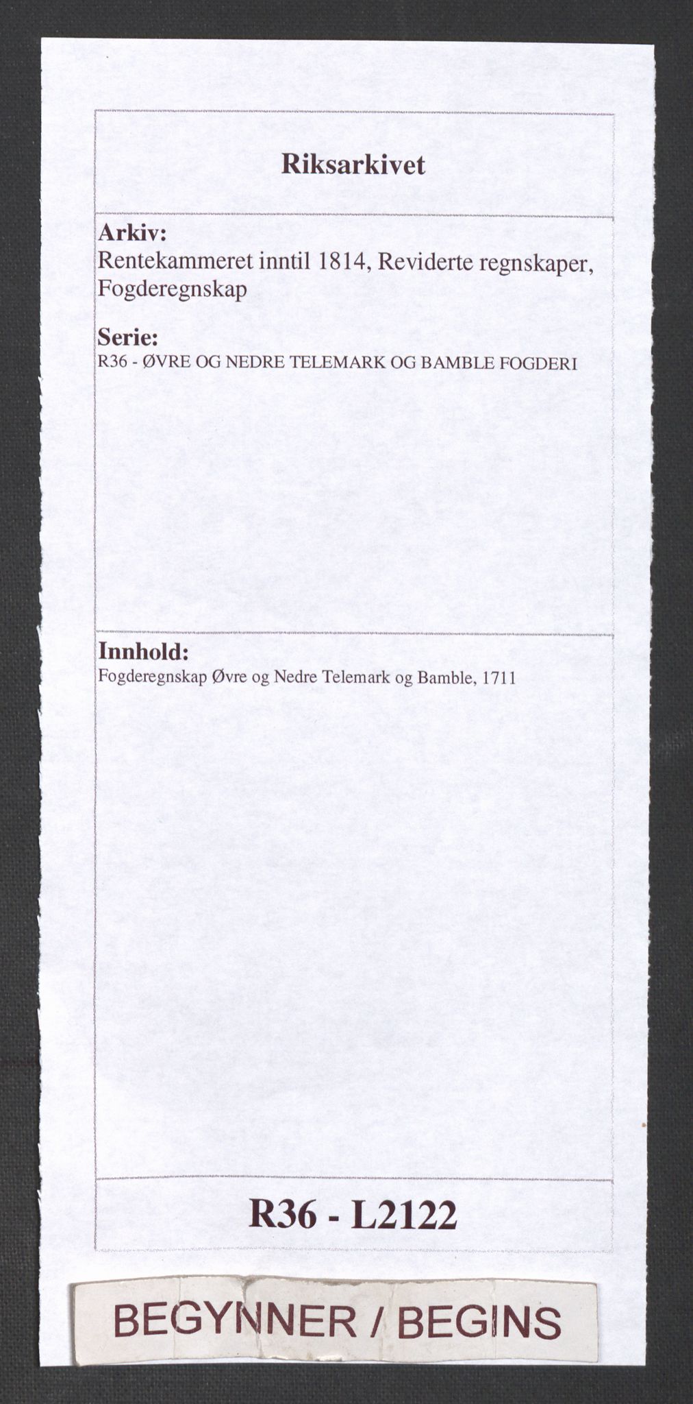 Rentekammeret inntil 1814, Reviderte regnskaper, Fogderegnskap, AV/RA-EA-4092/R36/L2122: Fogderegnskap Øvre og Nedre Telemark og Bamble, 1710-1711, p. 1