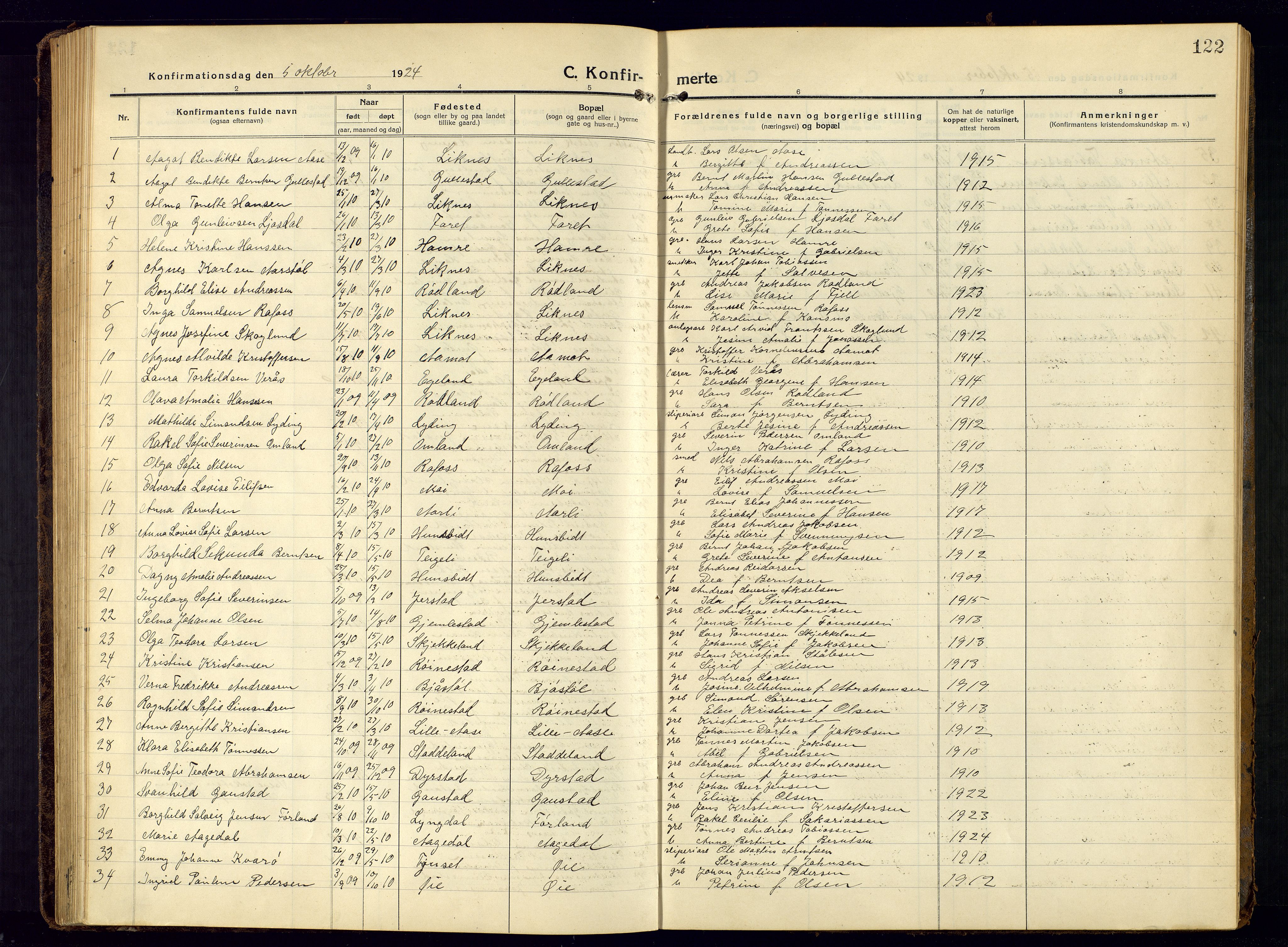 Kvinesdal sokneprestkontor, SAK/1111-0026/F/Fb/Fbb/L0004: Parish register (copy) no. B 4, 1917-1938, p. 122