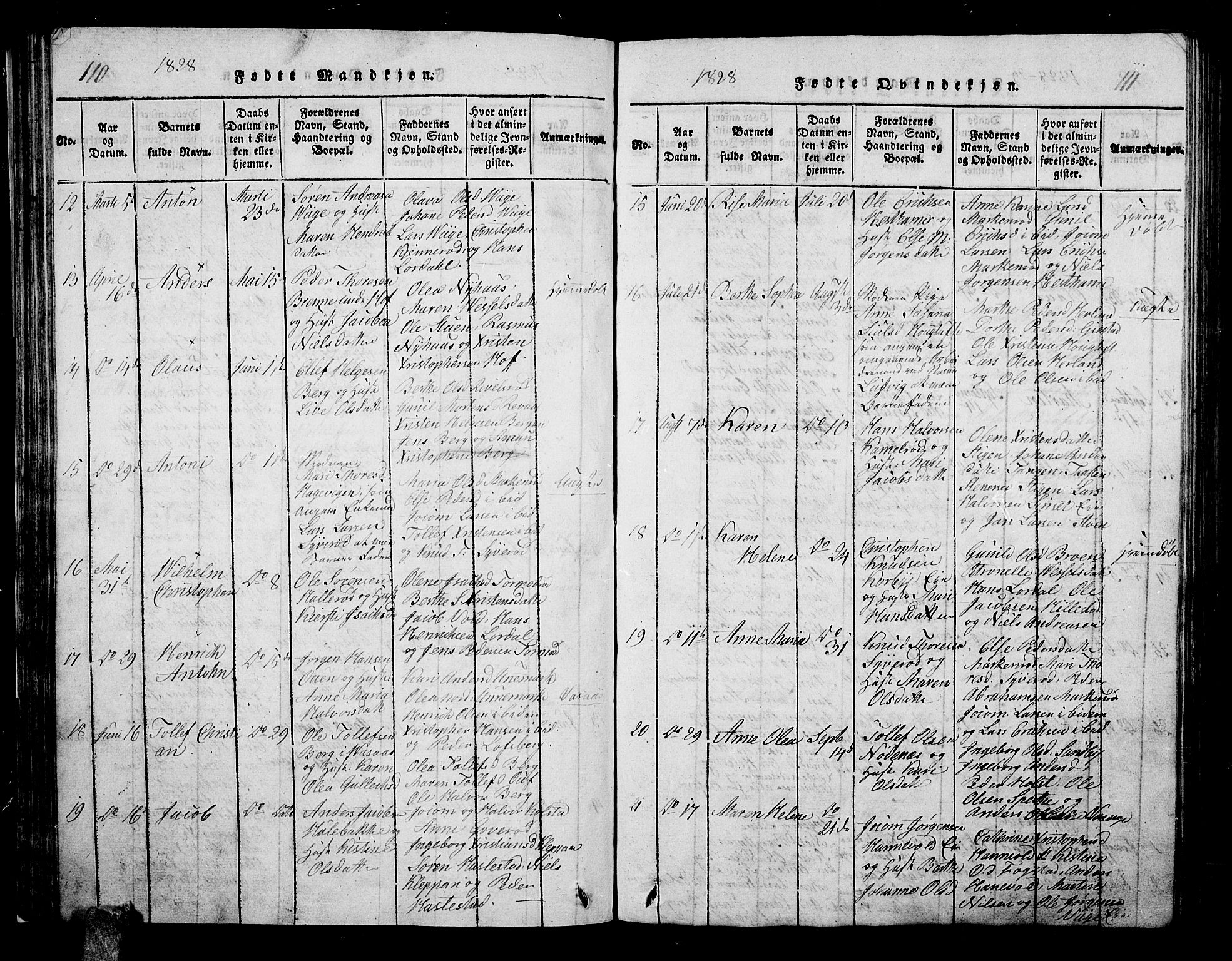 Hof kirkebøker, AV/SAKO-A-64/G/Ga/L0001: Parish register (copy) no. I 1, 1814-1844, p. 110-111