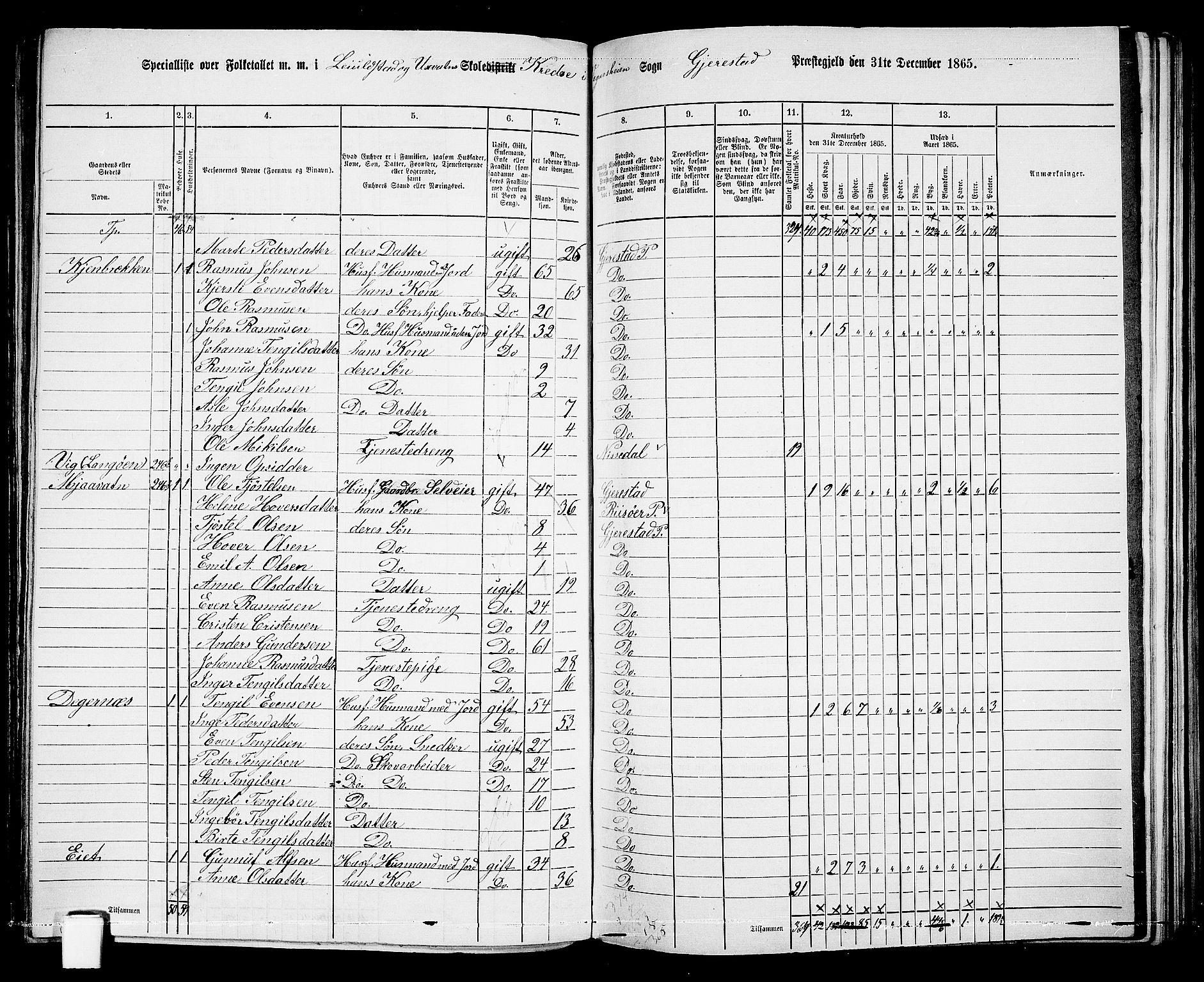 RA, 1865 census for Gjerstad, 1865, p. 141