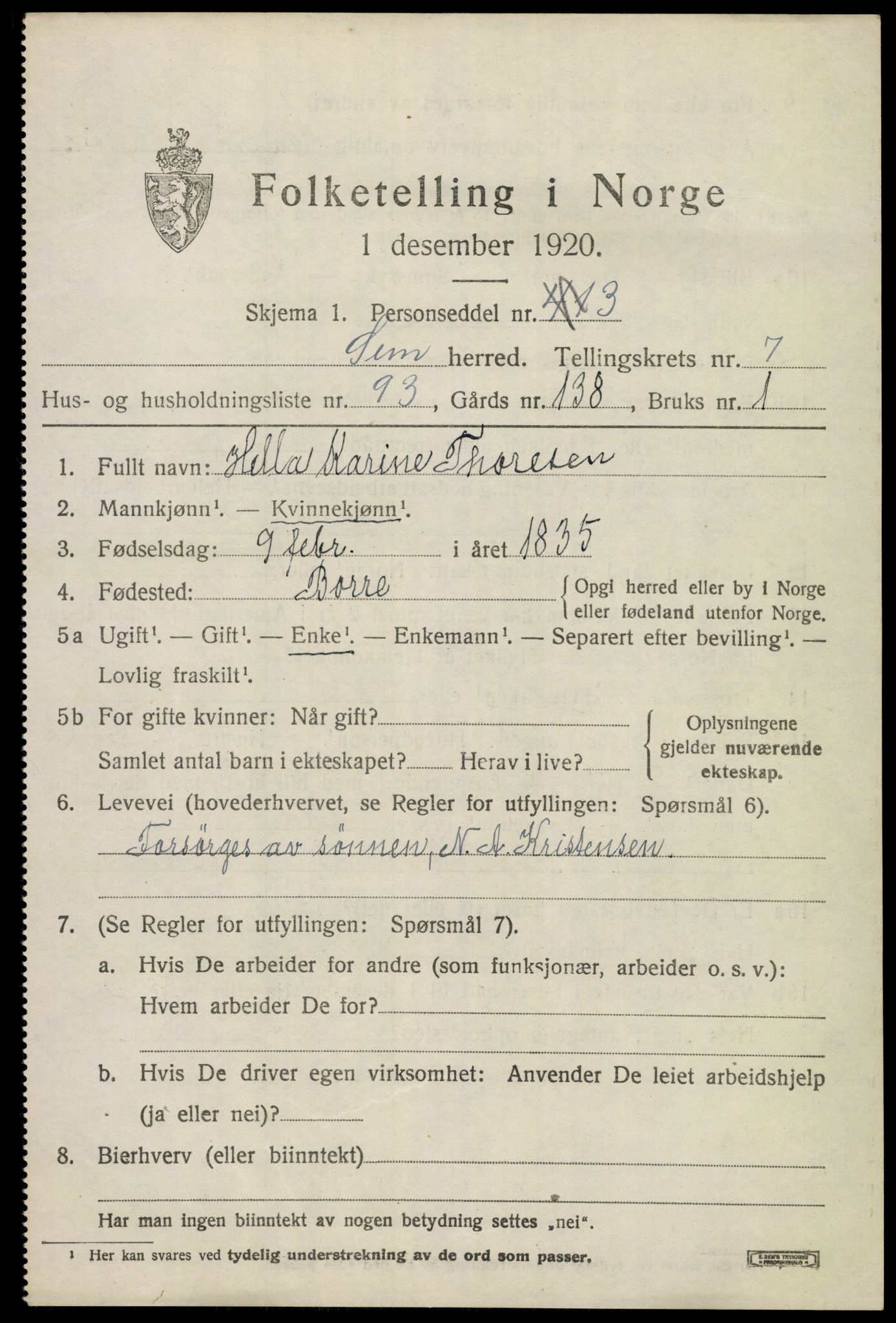 SAKO, 1920 census for Sem, 1920, p. 11169