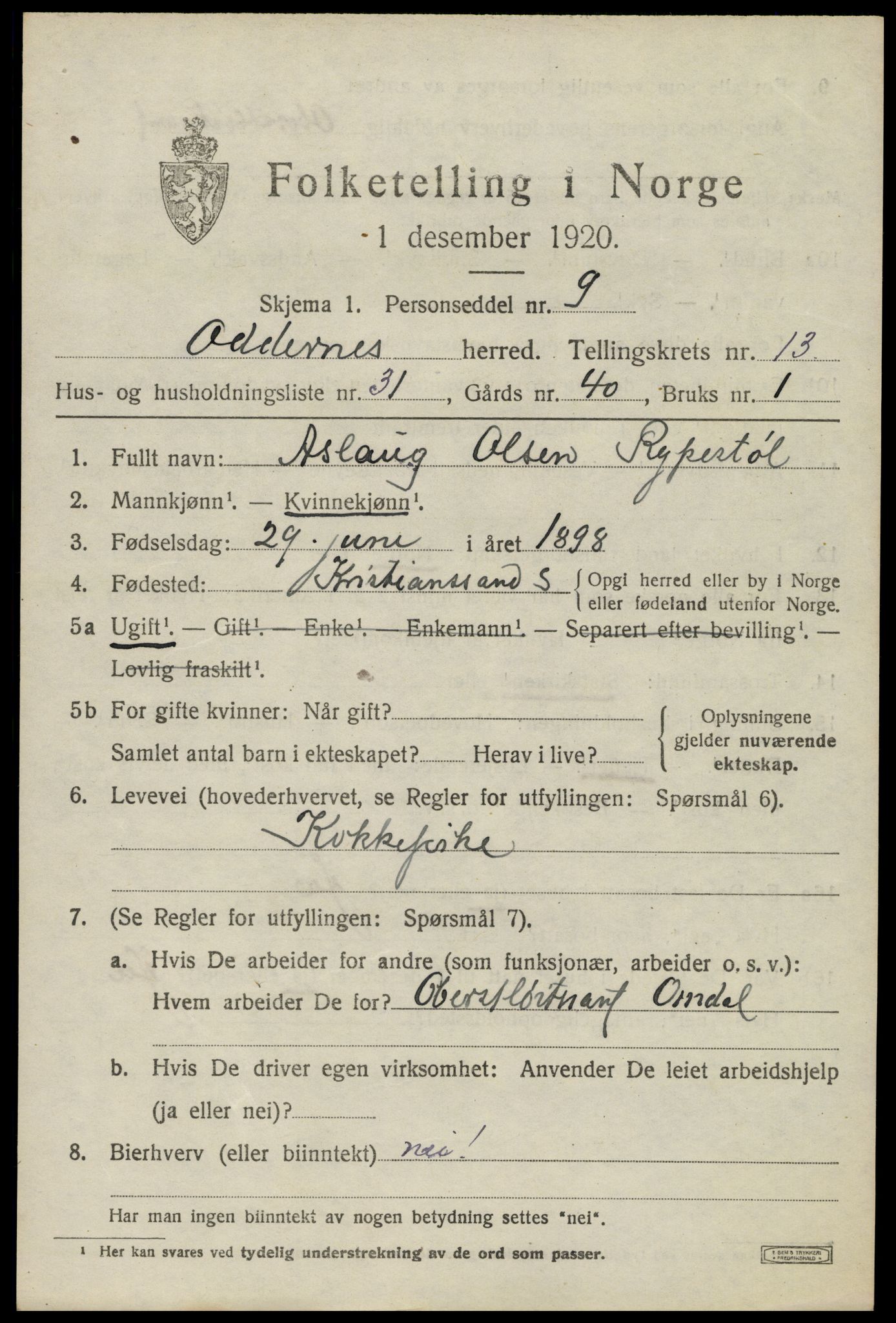 SAK, 1920 census for Oddernes, 1920, p. 8399