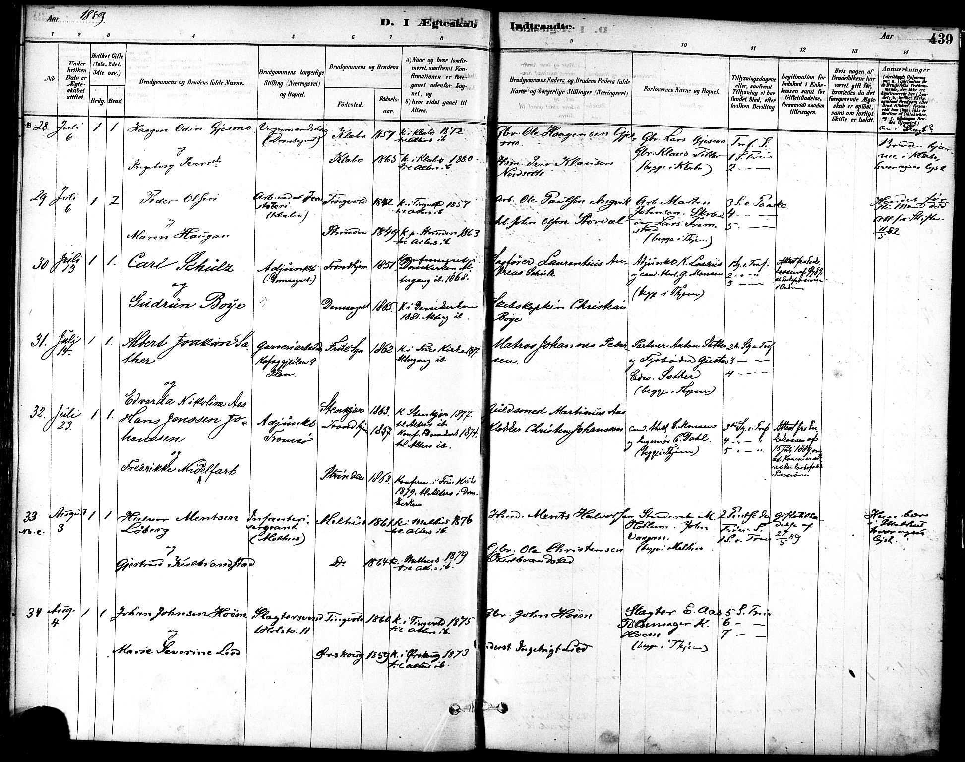 Ministerialprotokoller, klokkerbøker og fødselsregistre - Sør-Trøndelag, AV/SAT-A-1456/601/L0058: Parish register (official) no. 601A26, 1877-1891, p. 439