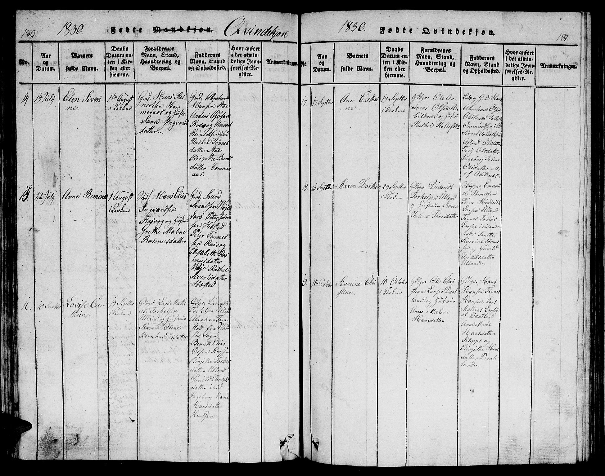 Flekkefjord sokneprestkontor, AV/SAK-1111-0012/F/Fb/Fbb/L0001: Parish register (copy) no. B 1, 1815-1830, p. 180-181