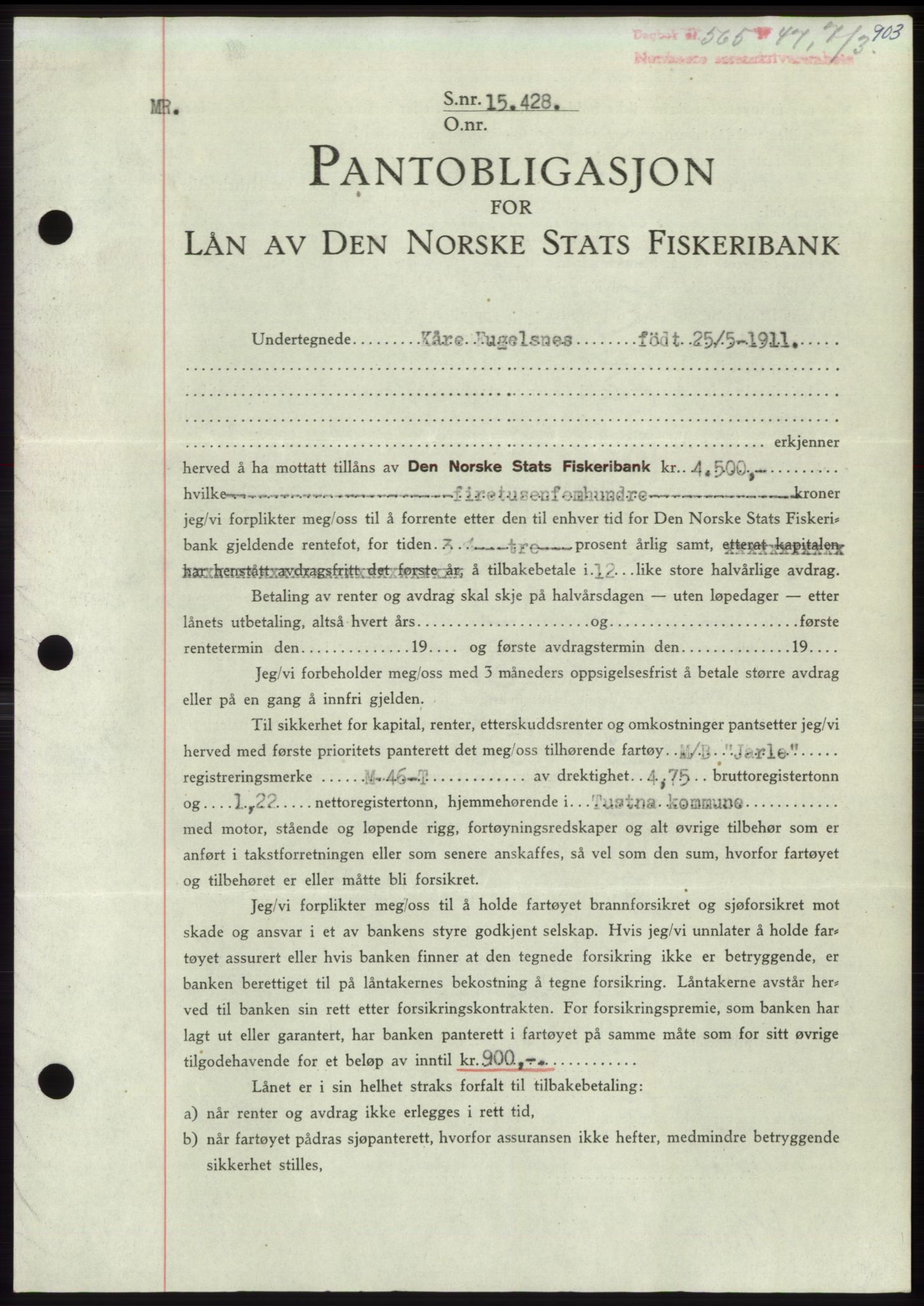 Nordmøre sorenskriveri, AV/SAT-A-4132/1/2/2Ca: Mortgage book no. B95, 1946-1947, Diary no: : 565/1947