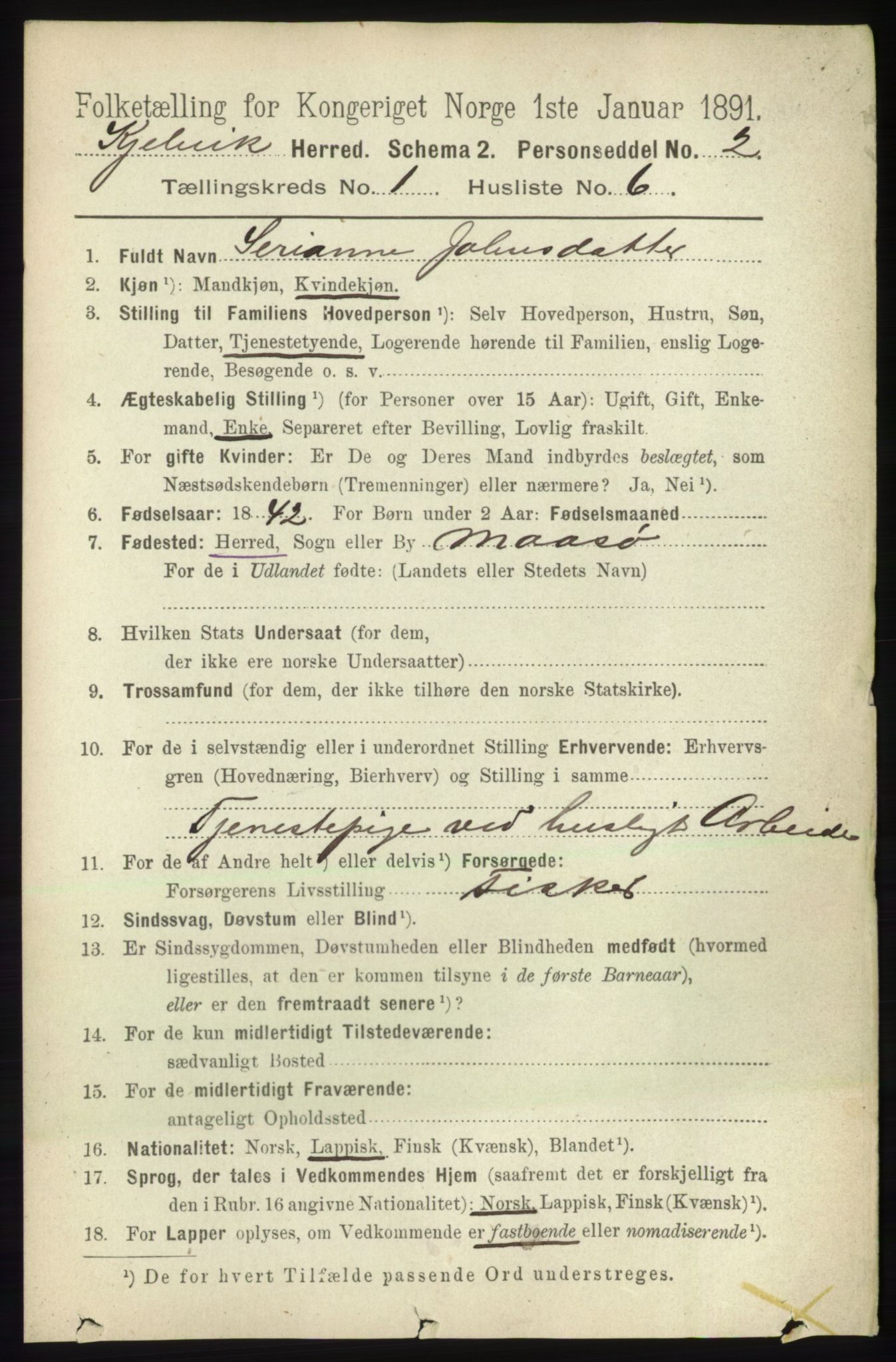 RA, 1891 census for 2019 Kjelvik, 1891, p. 67