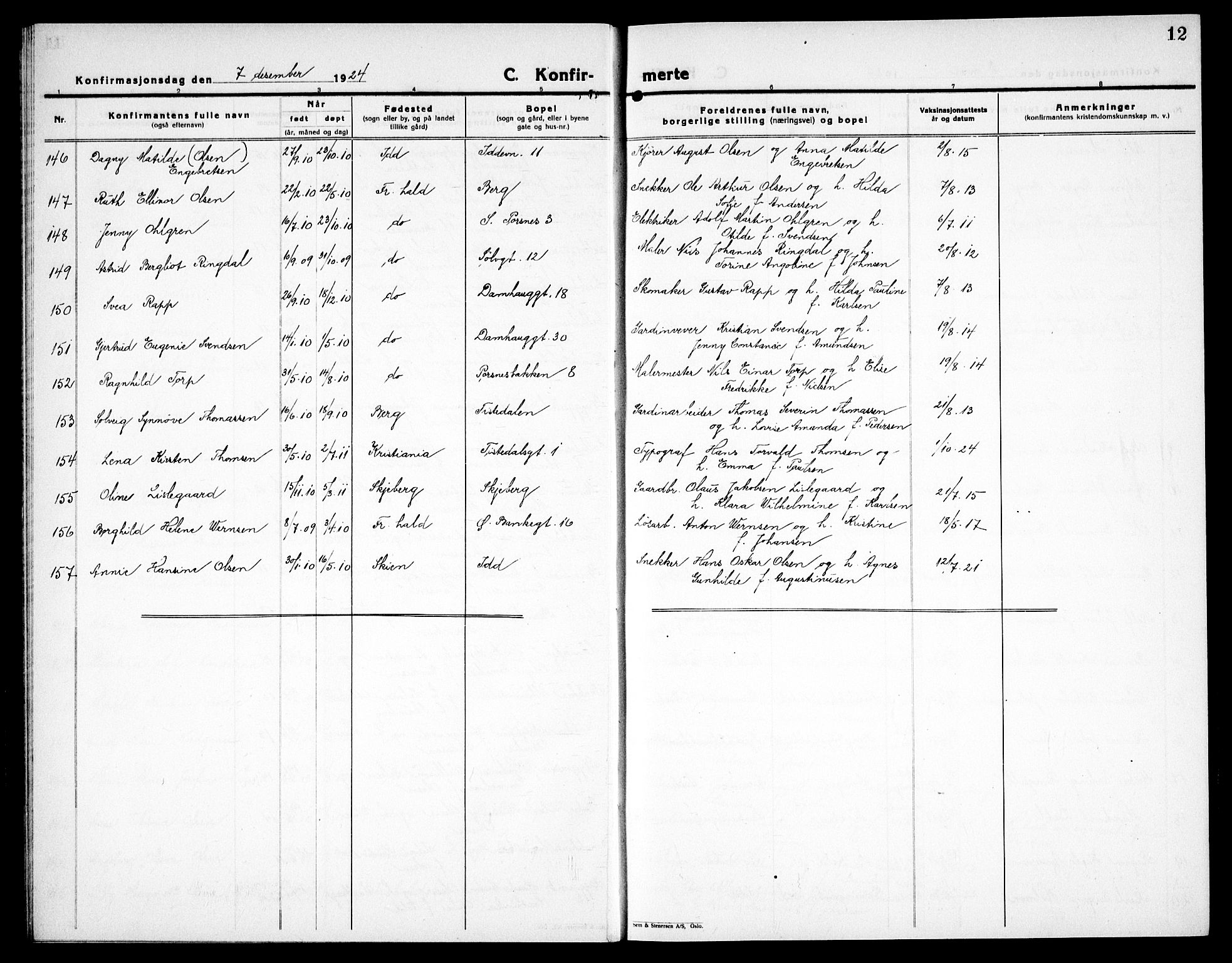 Halden prestekontor Kirkebøker, SAO/A-10909/G/Ga/L0013: Parish register (copy) no. 13, 1924-1939, p. 12