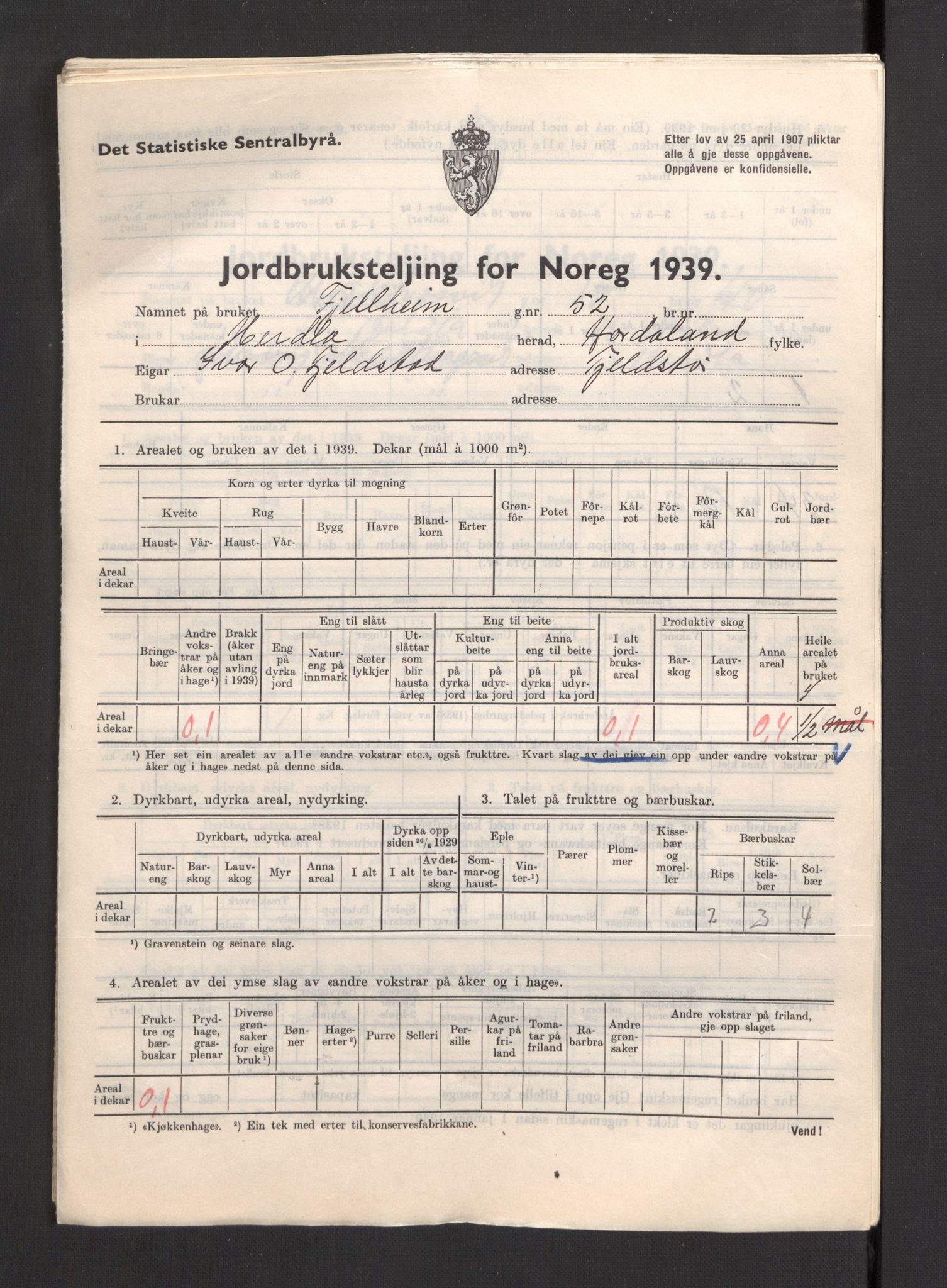 Statistisk sentralbyrå, Næringsøkonomiske emner, Jordbruk, skogbruk, jakt, fiske og fangst, AV/RA-S-2234/G/Gb/L0211: Hordaland: Herdla, Hjelme og Manger, 1939, p. 11