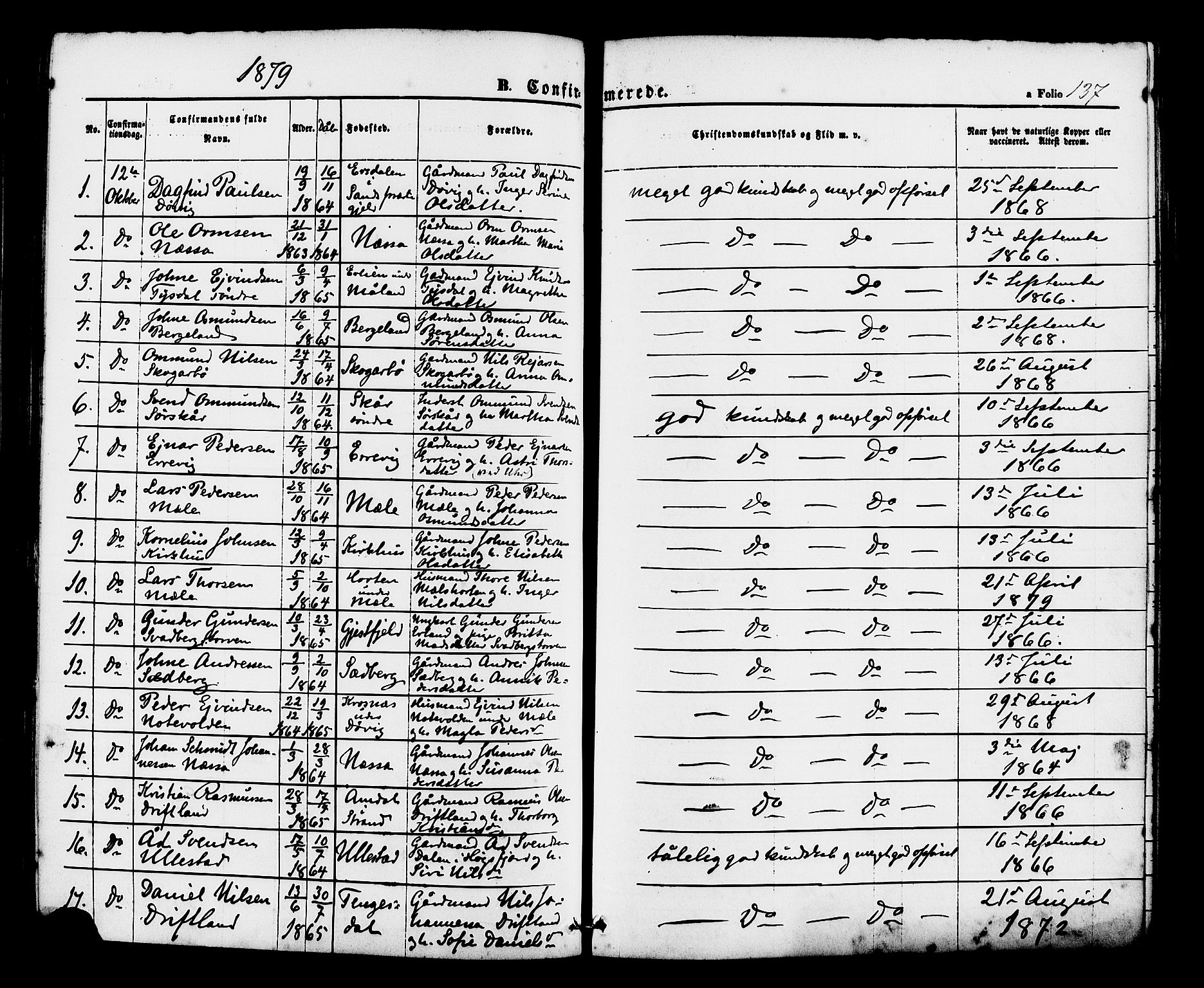 Hjelmeland sokneprestkontor, AV/SAST-A-101843/01/IV/L0012: Parish register (official) no. A 12, 1862-1886, p. 137