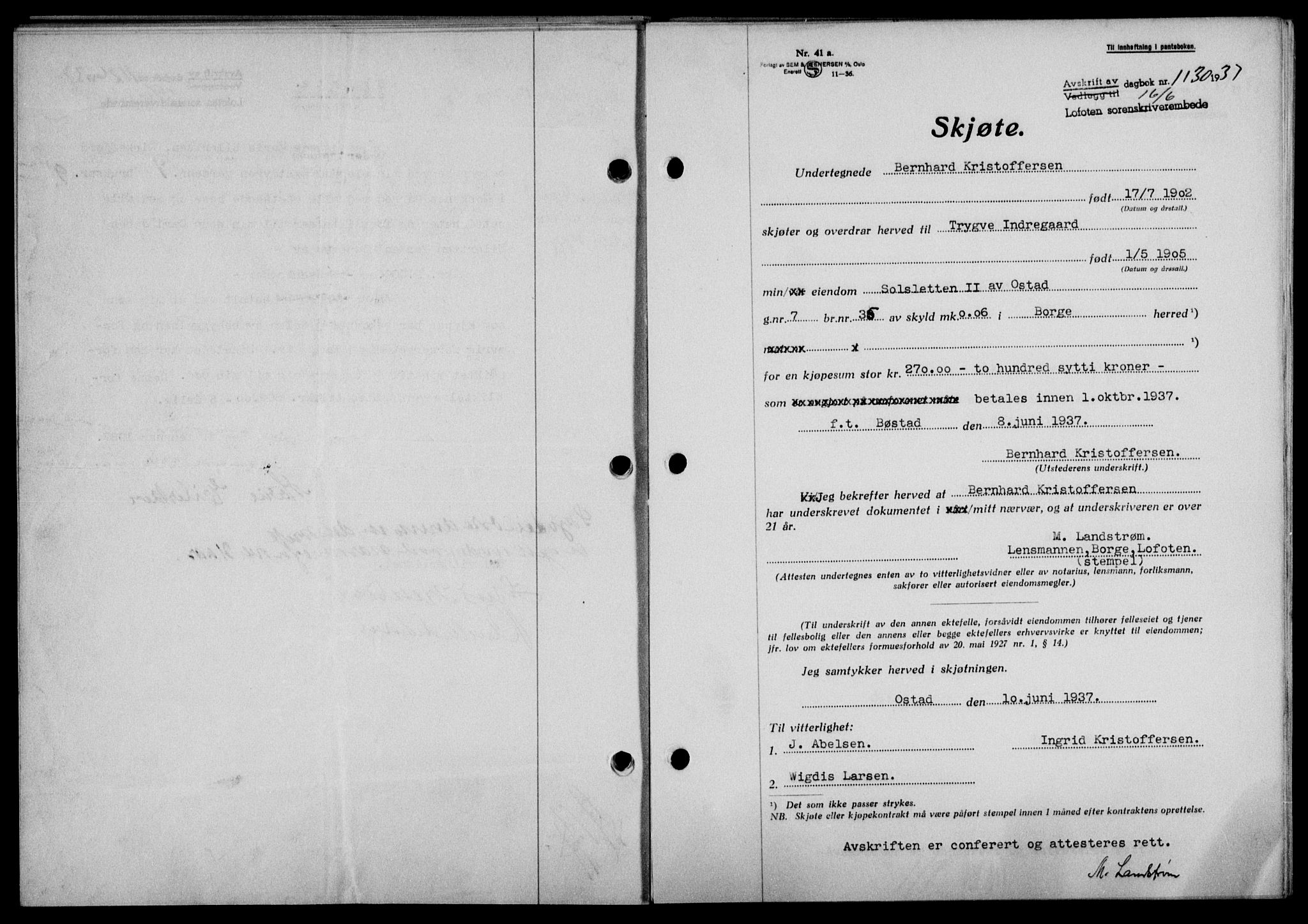 Lofoten sorenskriveri, SAT/A-0017/1/2/2C/L0002a: Mortgage book no. 2a, 1937-1937, Diary no: : 1130/1937