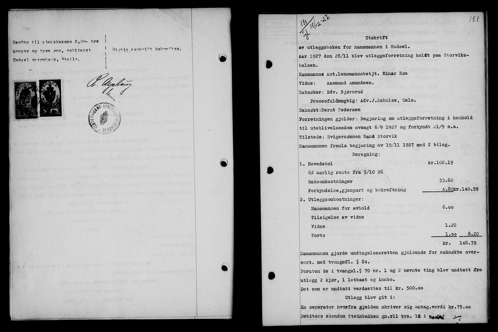 Vesterålen sorenskriveri, SAT/A-4180/1/2/2Ca/L0045: Mortgage book no. 38, 1927-1928, Deed date: 15.12.1927