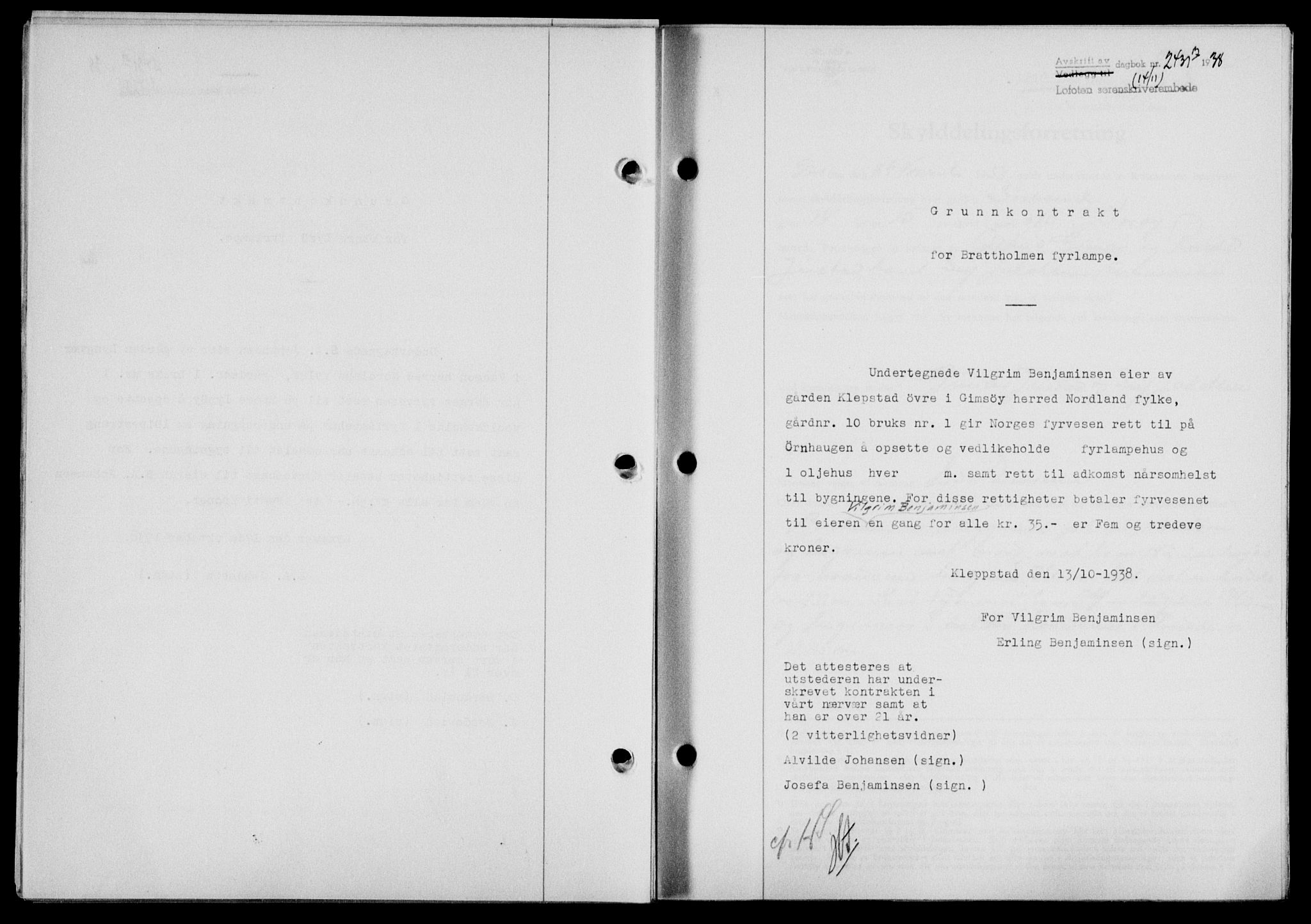 Lofoten sorenskriveri, SAT/A-0017/1/2/2C/L0004a: Mortgage book no. 4a, 1938-1938, Diary no: : 2431/1938