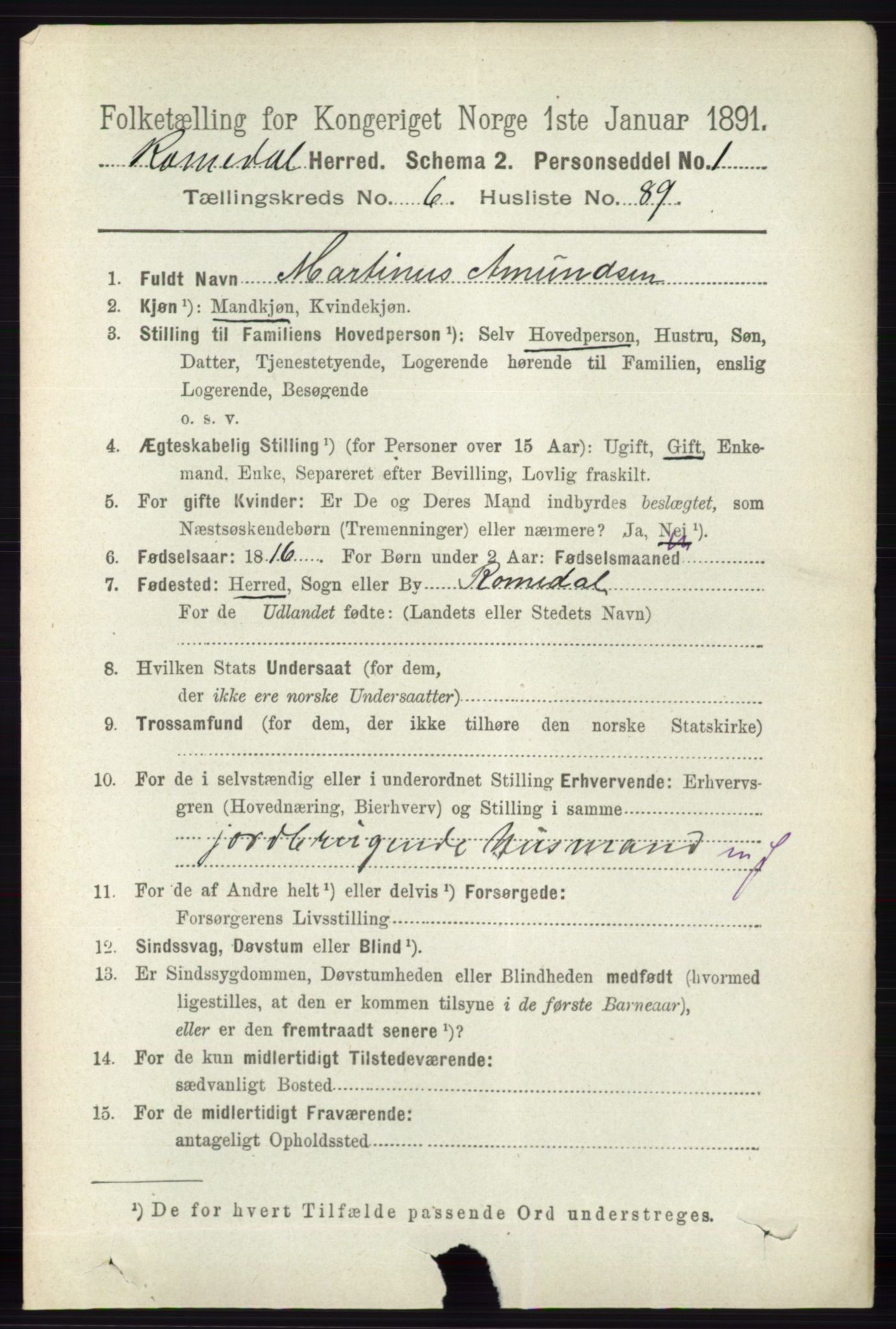 RA, 1891 census for 0416 Romedal, 1891, p. 3476