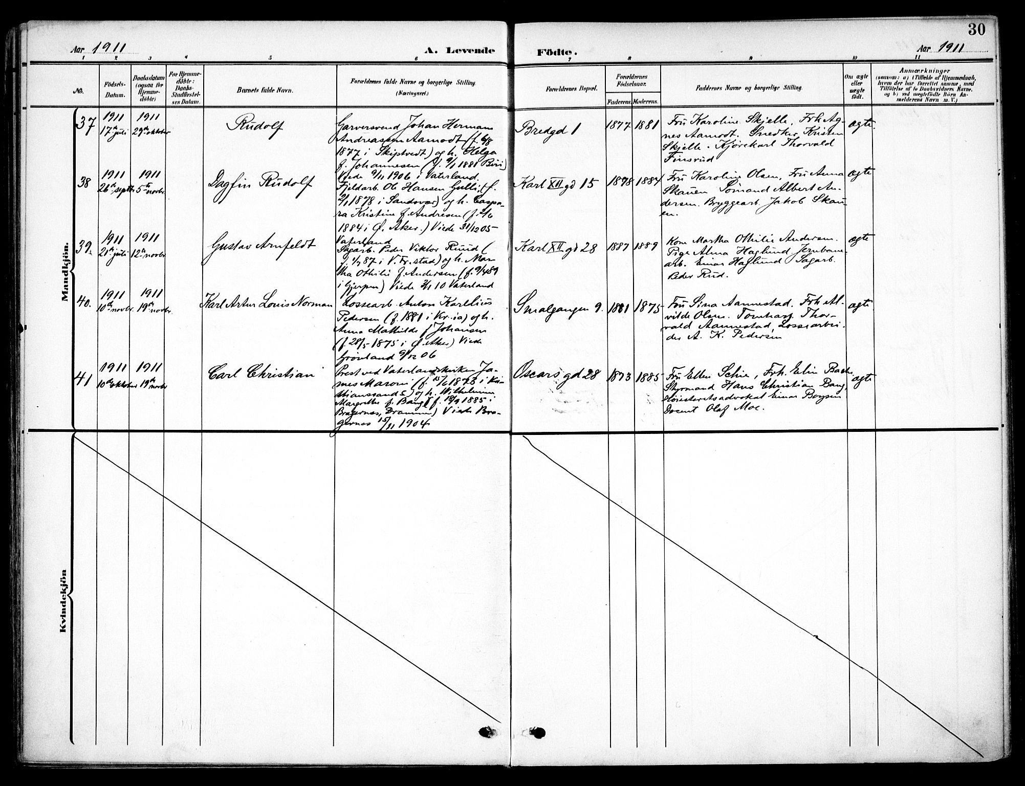 Vaterland prestekontor Kirkebøker, AV/SAO-A-10880/F/Fa/L0001: Parish register (official) no. 1, 1907-1930, p. 30