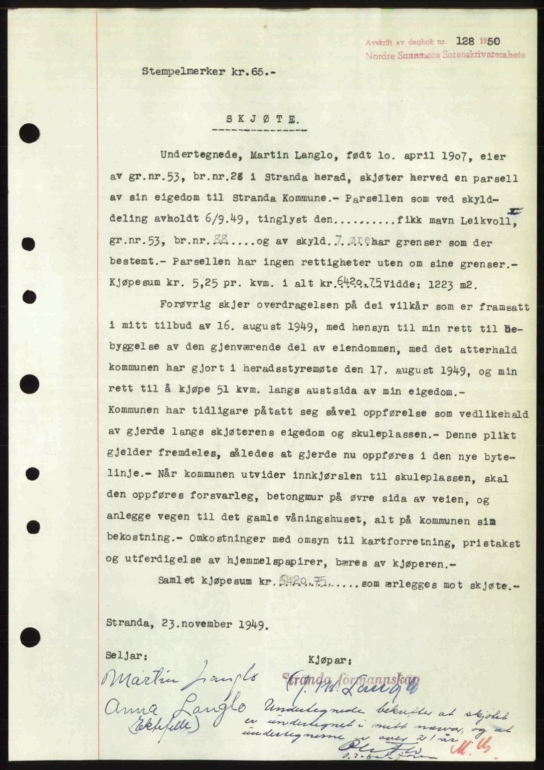 Nordre Sunnmøre sorenskriveri, AV/SAT-A-0006/1/2/2C/2Ca: Mortgage book no. A33, 1949-1950, Diary no: : 128/1950