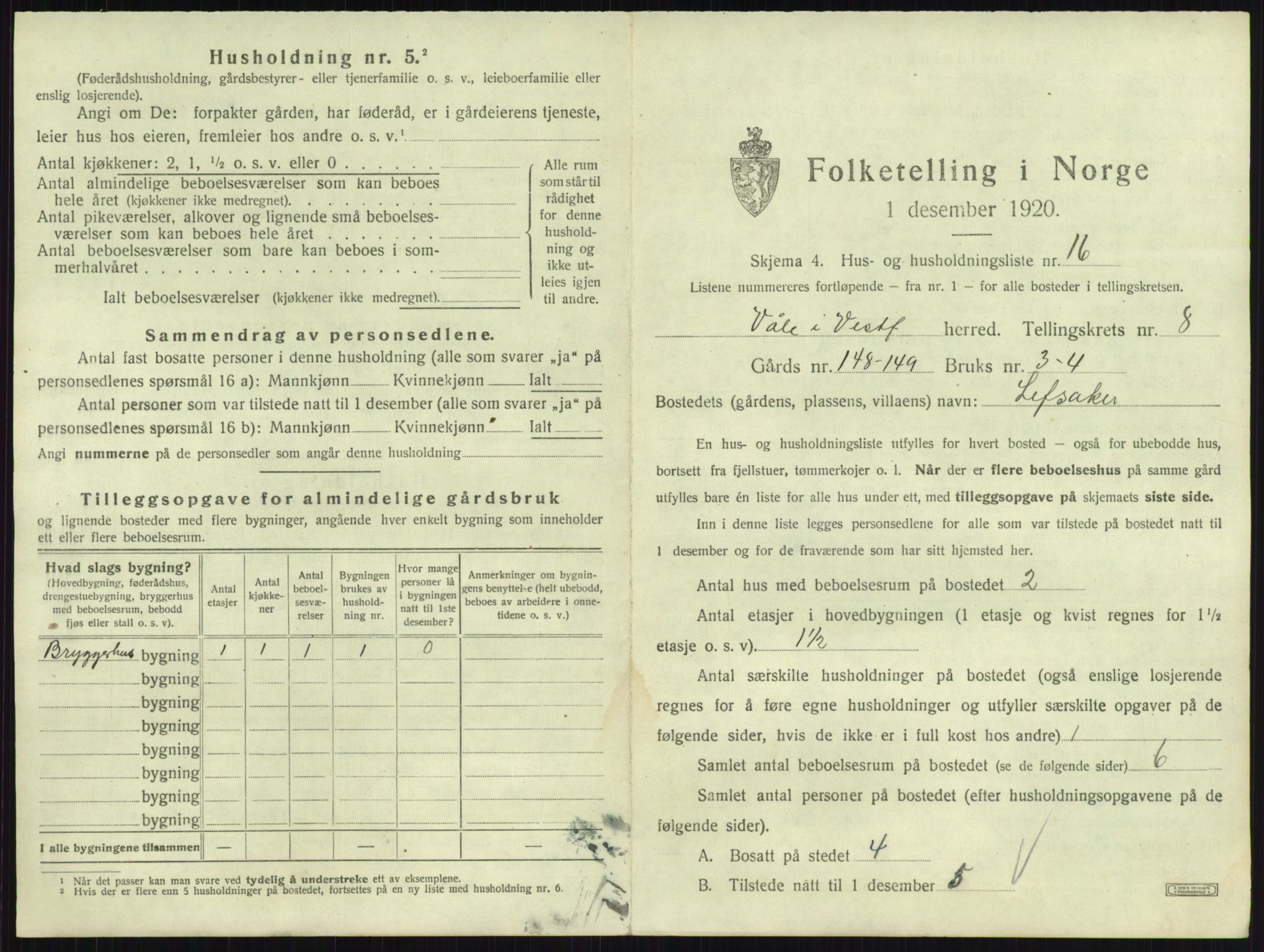 SAKO, 1920 census for Våle, 1920, p. 1004