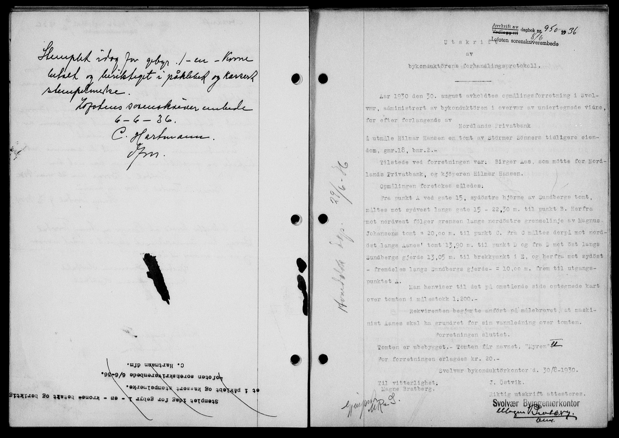 Lofoten sorenskriveri, SAT/A-0017/1/2/2C/L0033b: Mortgage book no. 33b, 1936-1936, Diary no: : 950/1936