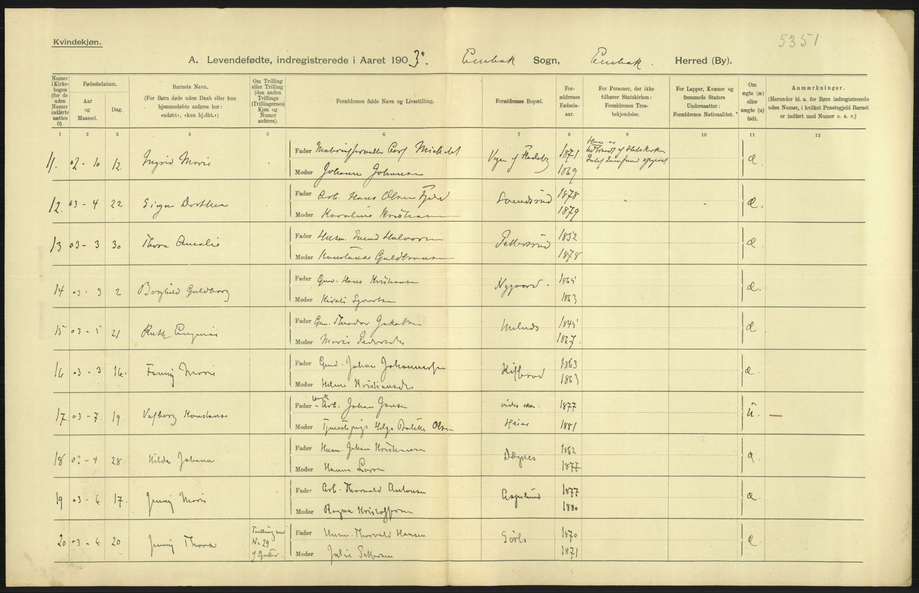 Statistisk sentralbyrå, Sosiodemografiske emner, Befolkning, AV/RA-S-2228/D/Df/Dfa/Dfaa/L0002: Akershus amt: Fødte, gifte, døde, 1903, p. 81