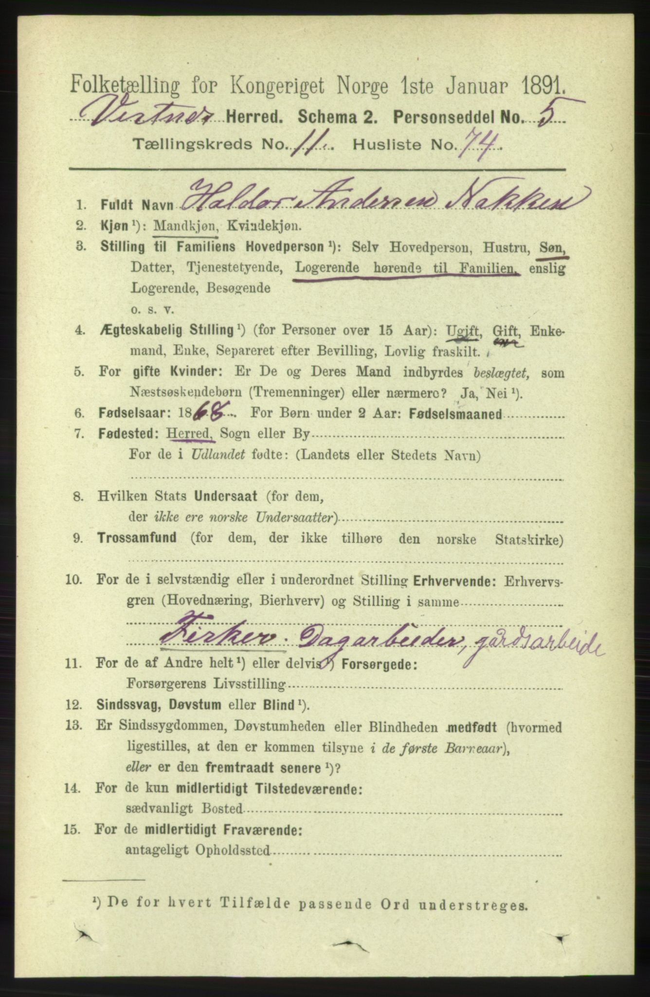 RA, 1891 census for 1535 Vestnes, 1891, p. 4362