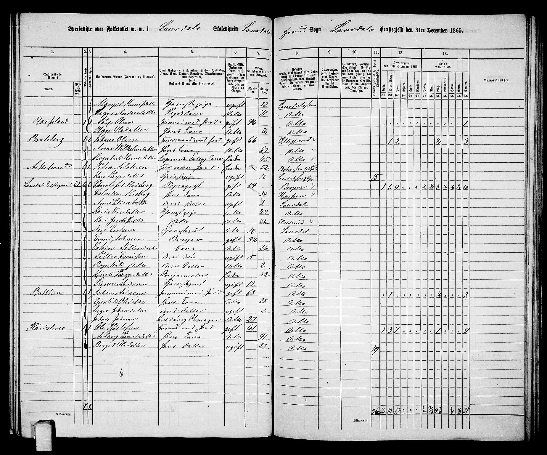 RA, 1865 census for Lårdal, 1865, p. 22