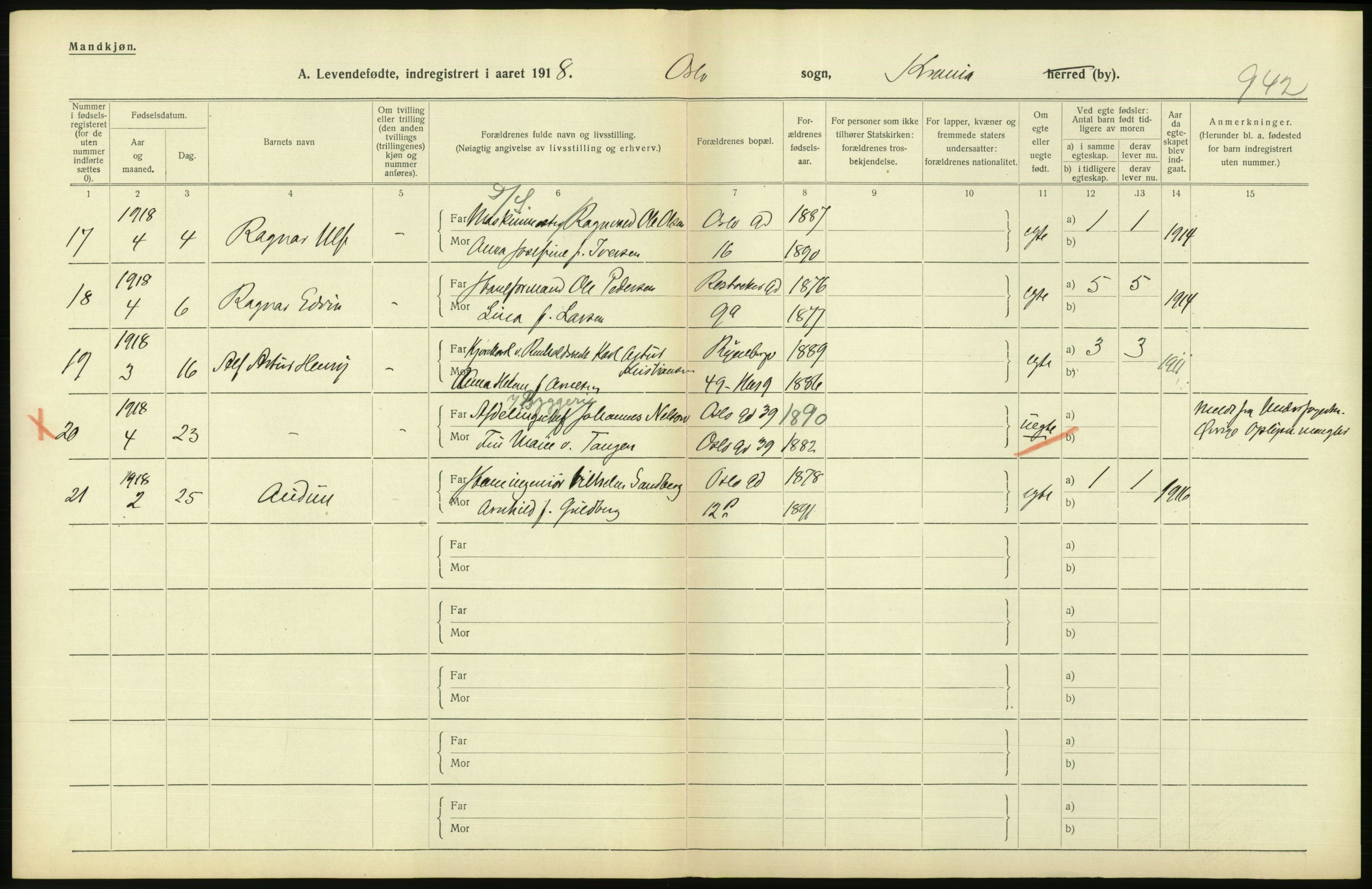 Statistisk sentralbyrå, Sosiodemografiske emner, Befolkning, AV/RA-S-2228/D/Df/Dfb/Dfbh/L0008: Kristiania: Levendefødte menn og kvinner., 1918, p. 724