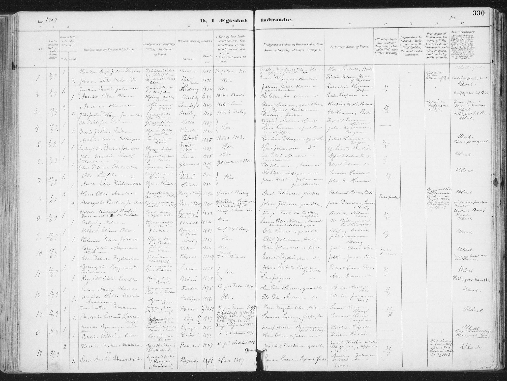 Ministerialprotokoller, klokkerbøker og fødselsregistre - Nordland, SAT/A-1459/802/L0055: Parish register (official) no. 802A02, 1894-1915, p. 330