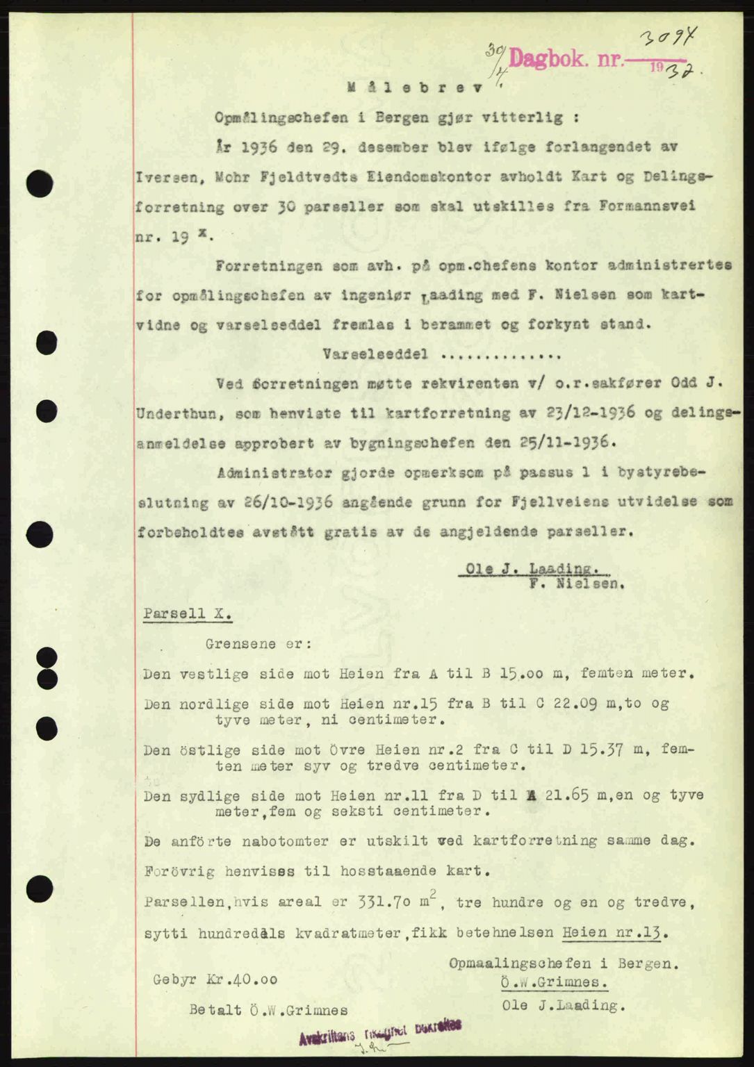 Byfogd og Byskriver i Bergen, SAB/A-3401/03/03Bc/L0004: Mortgage book no. A3-4, 1936-1937, Diary no: : 3094/1937