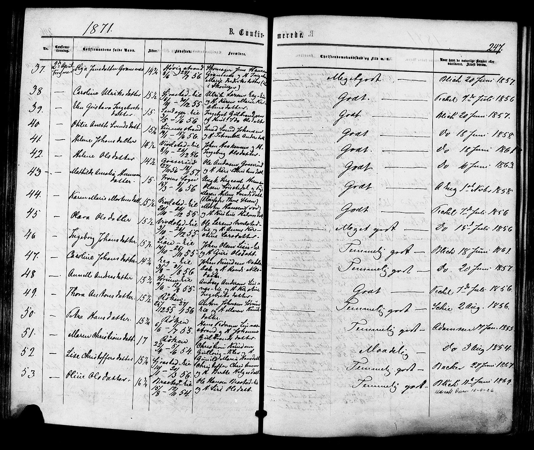 Lier kirkebøker, AV/SAKO-A-230/F/Fa/L0013: Parish register (official) no. I 13, 1865-1874, p. 247